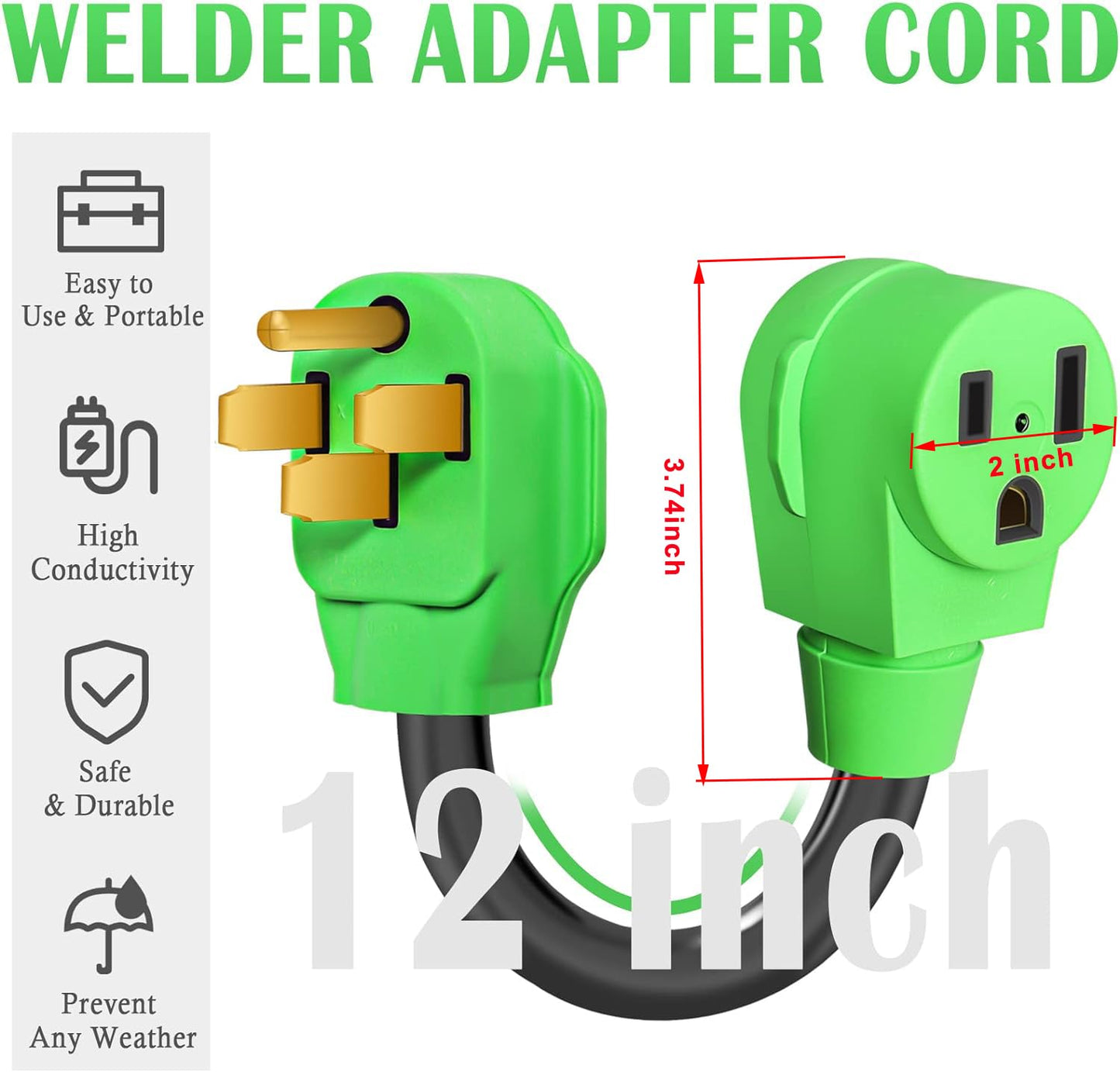 50 Amp Welder Adapter Plug 12 Inch, NEMA 14-50P to 6-50R 250V Welder Adapter,4 Prong to 3 Prong,Heavy Duty Generator Welder Plug Outlet Adapter Power STW XN1450P-A/XN650R-A,Green