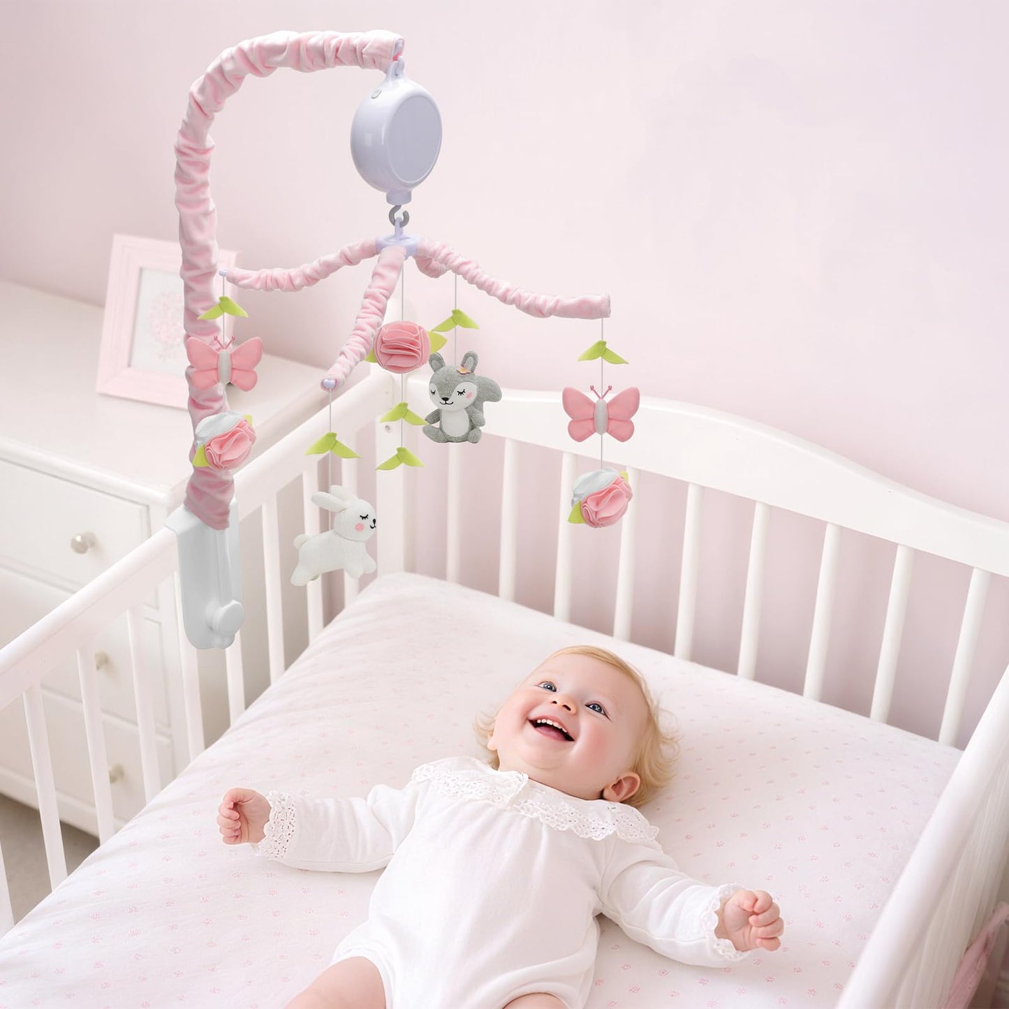 Nicemer Baby Musical Mobile - Elegant Butterfly Crib Toy, Knitted Woodland Characters, Nursery Decor, Calming Soother with 12 Lullabies Essential and Perfect Toy for Boys Girls