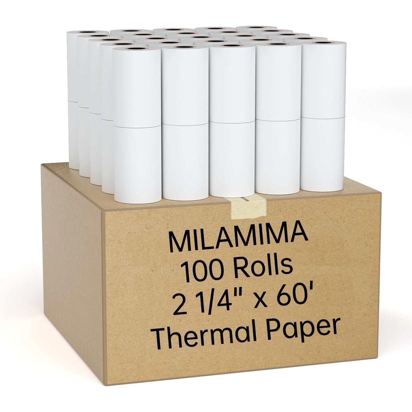 MilaMima 100 Rolls 2 1/4" x 60' Thermal Paper Rolls Fits All Credit Card Debit Machine Verifone Ingenico Square Clover Moneris TD Elavon Diameter 40mm Core 17mm 2.25 x 60 ft POS Cash Register Receipt
