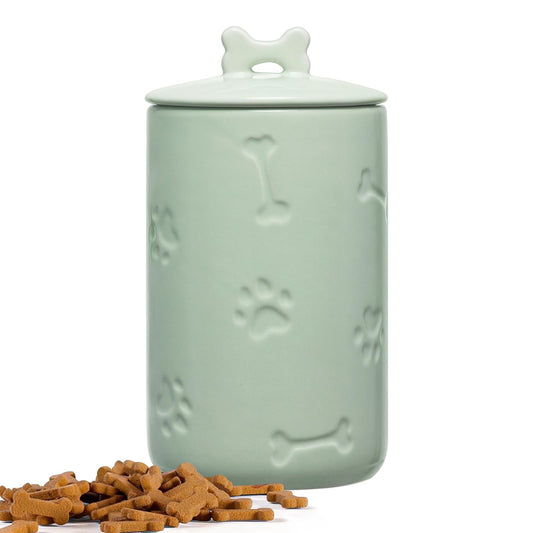 NIXBYO Dog Treat Container Airtight - 9"x5" Green Large Ceramic Dog Treat Jar for Kitchen Counter, Dog Cookie Jar with Lid - Farmhouse Style Dog Food Storage Container for Dogs, Cats, Pets