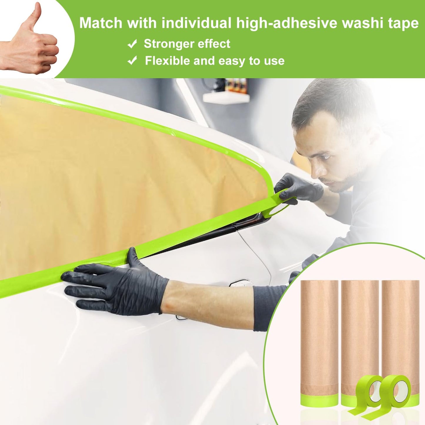 6 Rolls Pre-Taped Masking Paper for Painting and 3 Rolls Masking Tape Set -18 inch x 50 feet Tape and Drape for Painting, Painters Paper for Automotive Paint Masking, Floor Protection,Wall Covering