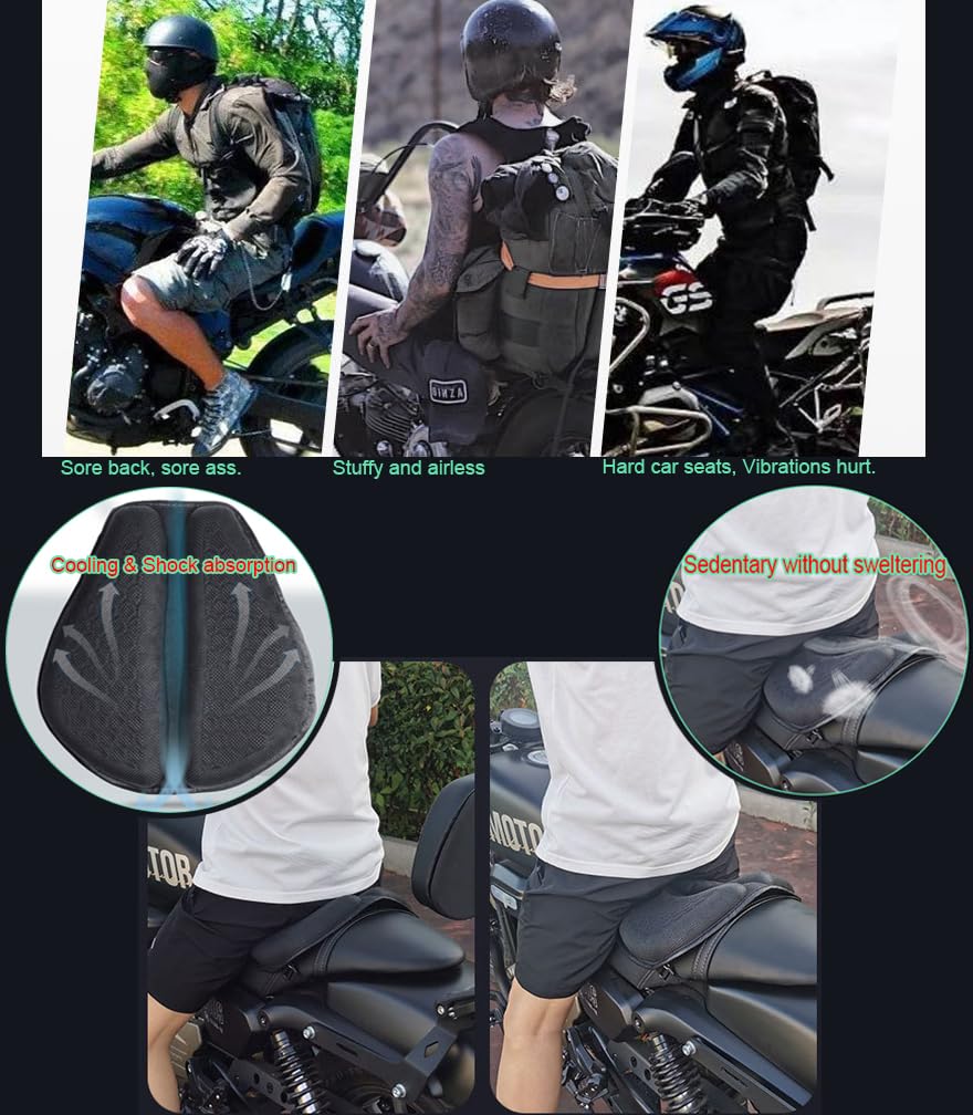 Pikioraz Motorcycle Seat Cushion, 3D Motorcycle Gel Seat Pad, Honeycomb Breathable Seat Cover for Long Rides