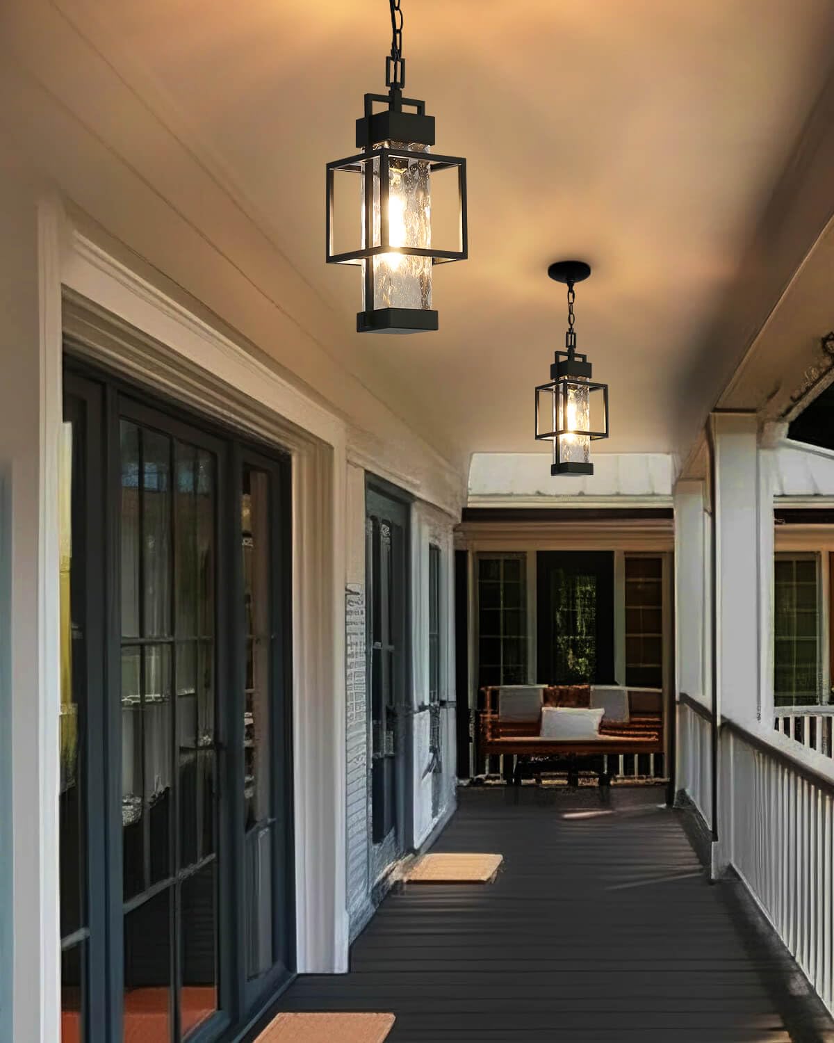Outdoor Pendant Light for Porch, Waterproof Hanging Ceiling Lantern with Water Glass, Black Exterior Light Fixture for Front Door Gazebo Entryway, E26 Base, LED Bulb Included