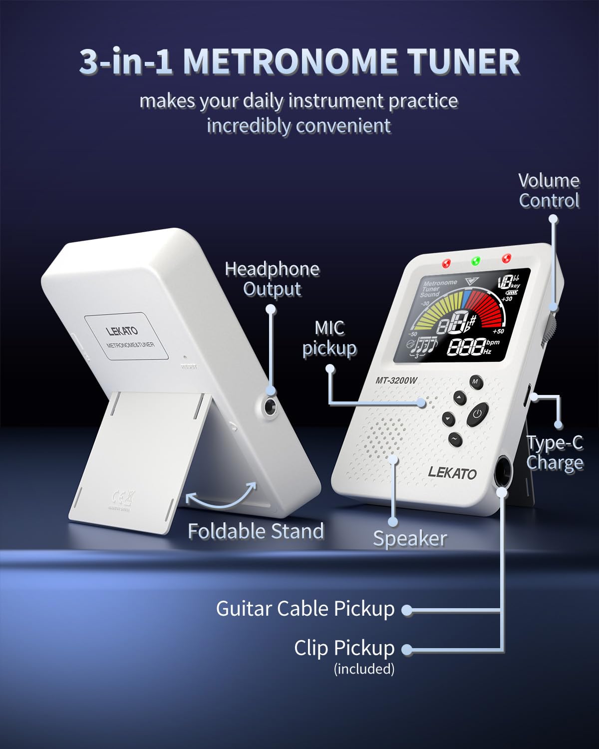 Metronome Tuner, Rechargeable 3 In 1 Digital Metronome Tuner Tone Generator for Guitar, Bass, Violin, Ukulele Chromatic Multifunction Tuner for All Instruments Metronome with Human Voice Beat