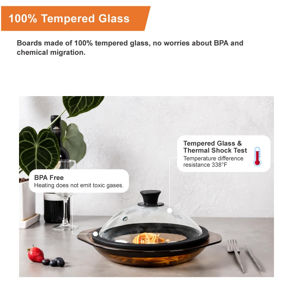 OEC Vented Splatter Guard Microwave Glass Cover for Food with Easy-Grip Handle, 12.5 inch (Inner Diameter 11.8”), Food Grade Tempered Glass, BPA Free Silicone Rim with Steam Vent - Dishwasher Safe