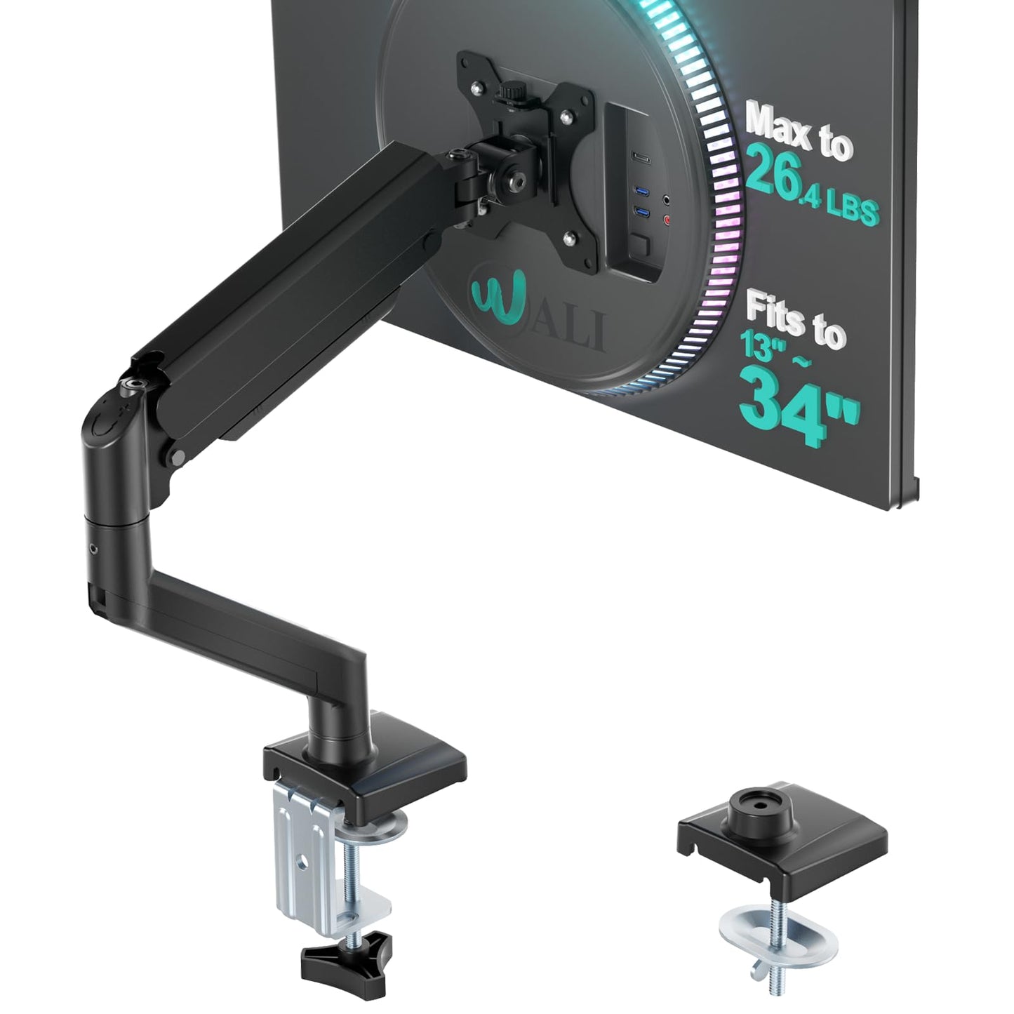 WALI Single Monitor Arm for 13-34 inch Screens, Ergonomic Monitor Mount up to 12kg/26.4lbs, Adjustable Monitor Arm Desk Mount with Clamp and Grommet Base, VESA 75/100mm (GSMP001N), Black