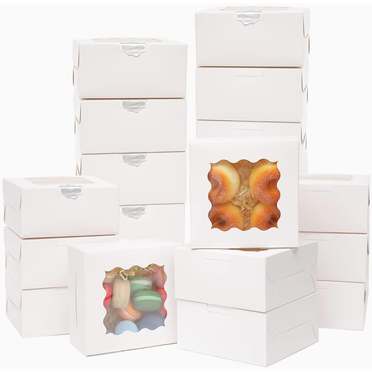 100Packs Bakery Boxes with Window 6x6x3 inches White Cookie Boxes Macaroon Boxes Thick & Sturdy Treat Boxes for Macarons