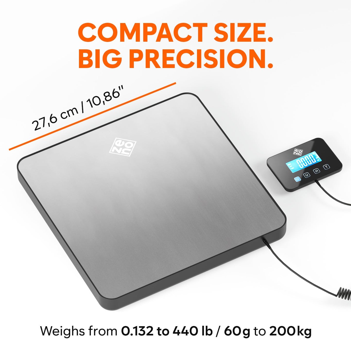 Shipping Scale - 440 lbs/0.35oz - High Accurate Digital Postal Scale with Hold/Tare Function - Perfect for Packages, Luggage, Suitcase, Home Use - Battery & Cable Included - Silver