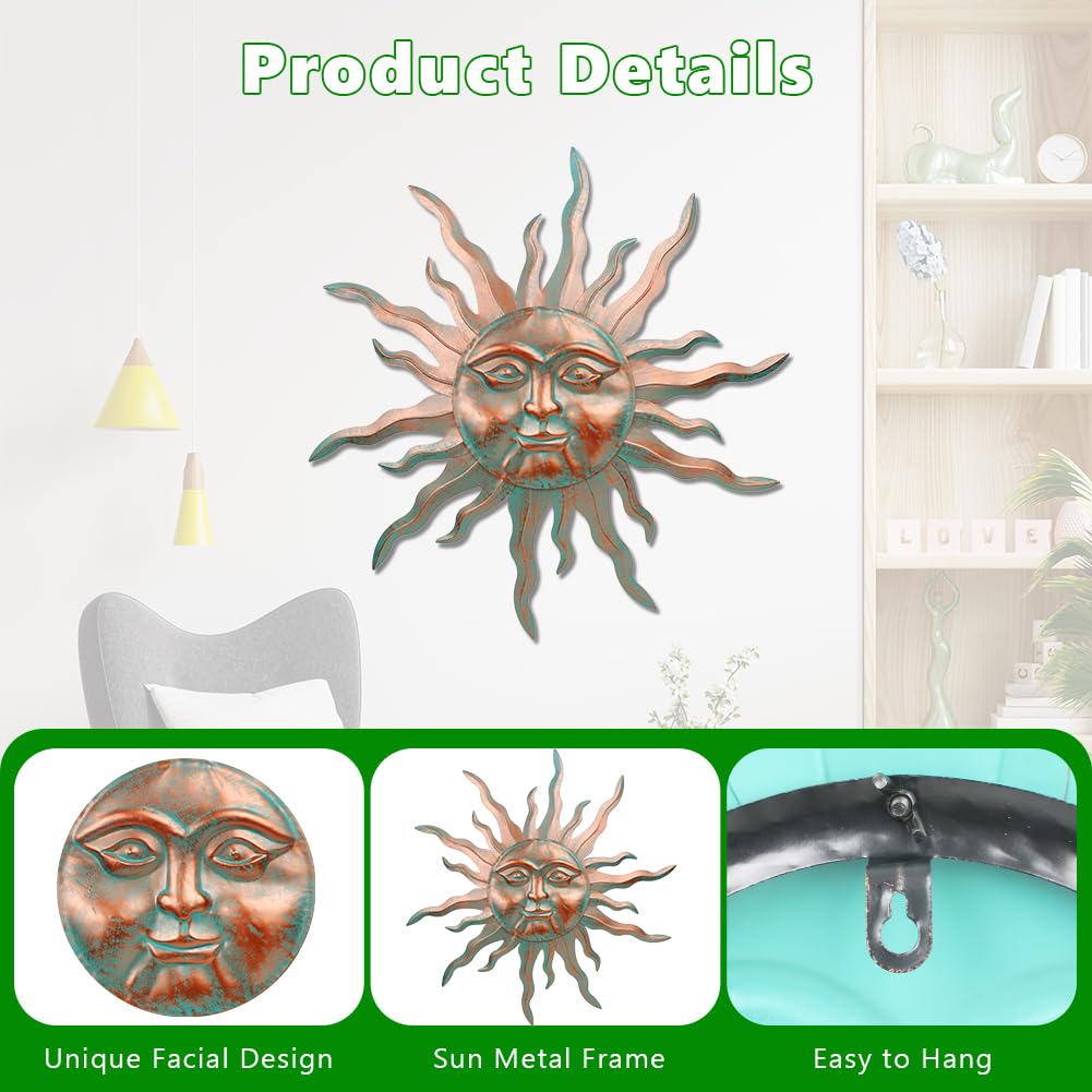 VEWOGARDEN Sun Wall Decor 30" Large Outdoor Metal Wall Art for Living Room Patio Farmhouse Garden Bedroom Decorations, Green