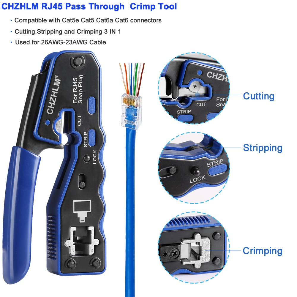 CHZHLM RJ45 Crimping Tool Kit Pass Through Crimper Stripper Cutter All-in-One for Cat5 Cat6 Pass Through Connector with Cable Tester 50Pcs Connectors 50Pcs Covers Mini Stripper and Blades