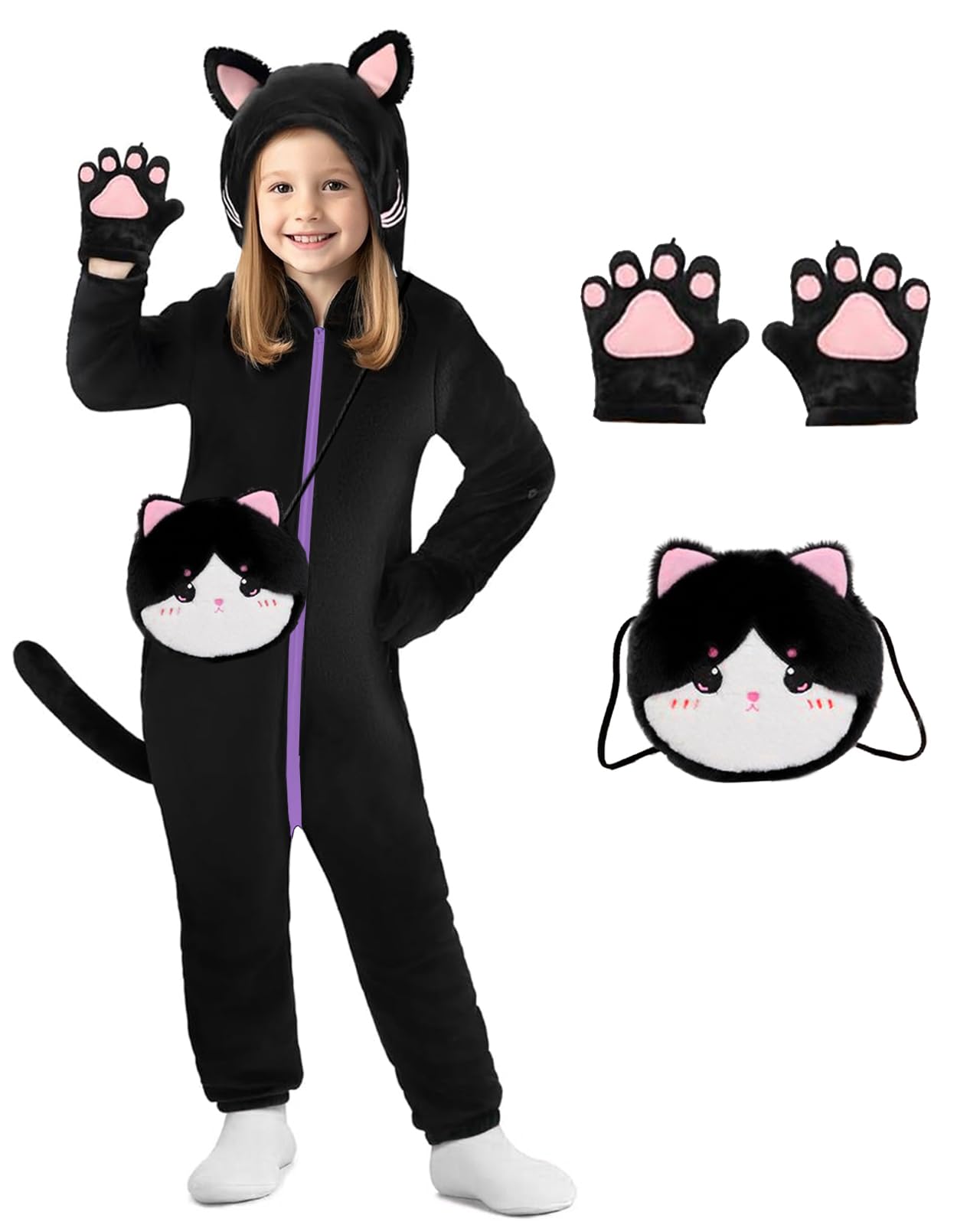Trsenvrml Girls Halloween Costume Kids Cat Cosplay Black Dress Up for Girl Hooded Halloween Romper Jumpsuit (Cat, 6-7T)