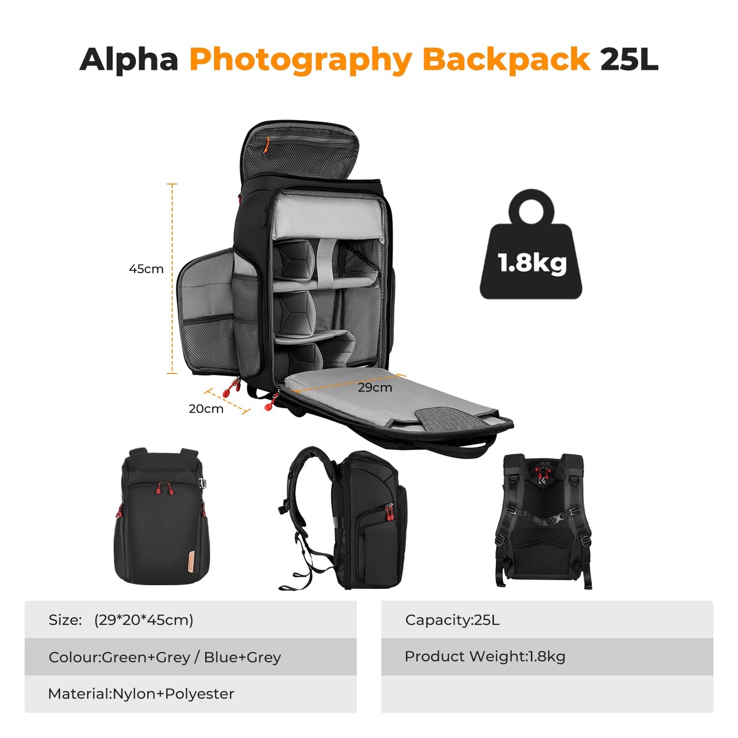 K&F Concept Camera Backpack, Camera Bags Waterproof 25L Large Capacity Camera Case with 15.6 Inch Laptop Compartment Compatible for Canon/Nikon/Sony/DJI Mavic Drone Travel Camera Backpack