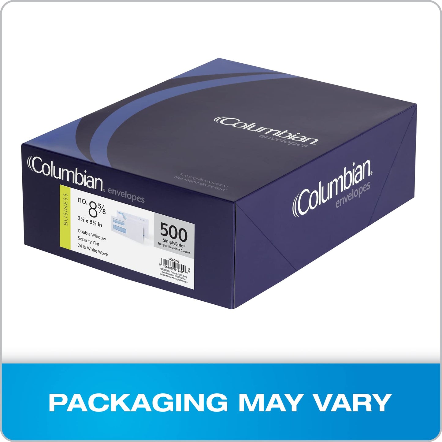 Columbian Envelopes, #8 5/8 Security, Double Window, SimplySafe Tamper-Evident, Release & Seal Self-Seal, White, 3-5/8" x 8-5/8", Security-Tinted Interior, 500 Per Box