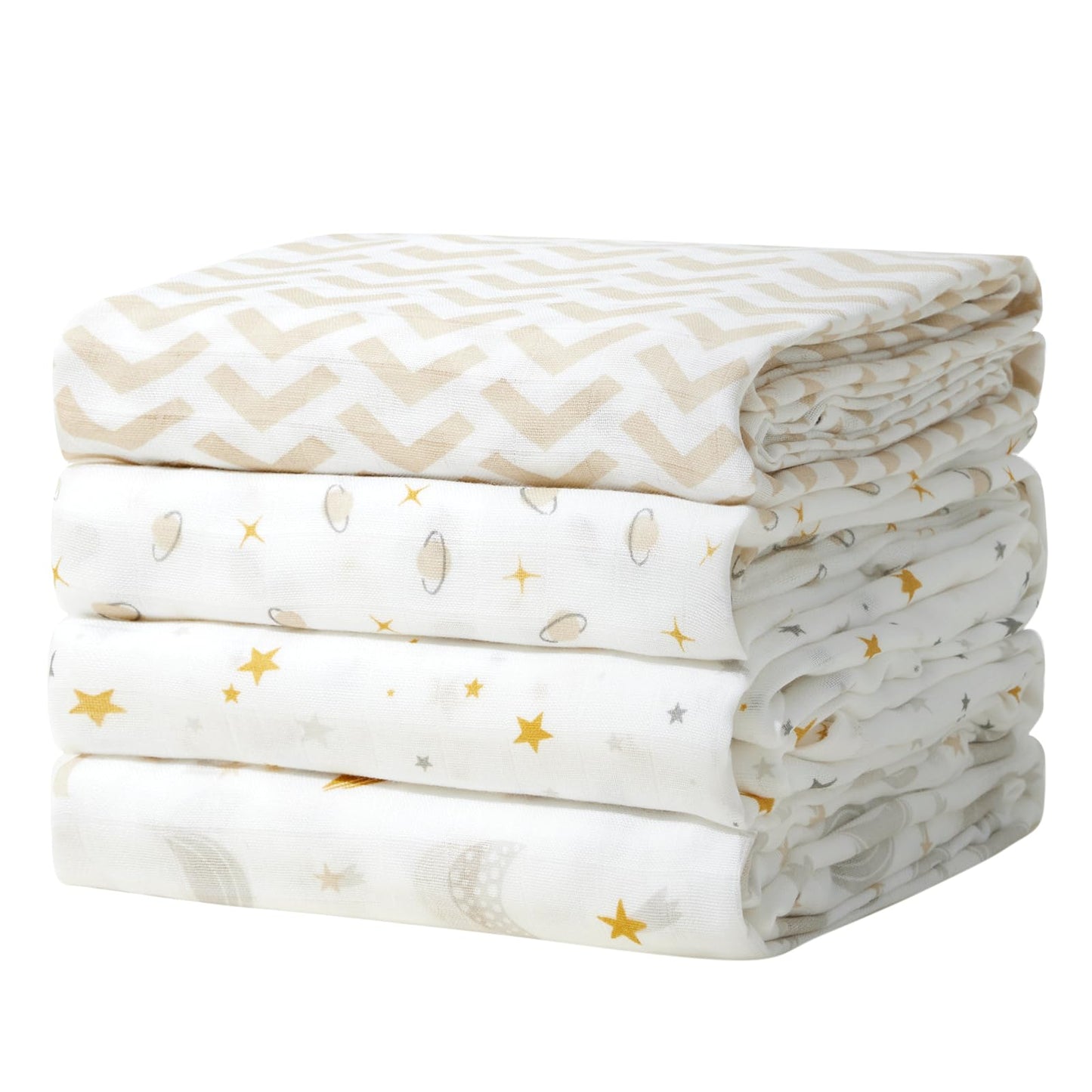 Momcozy Muslin Swaddle Blanket, 4 Pack Ultra Soft Neutral Swaddle Blankets, Breathable Large 47'' x 47'' Baby Infant Newborn Essentials, Boys Girls Receiving Blanket, Beige Star