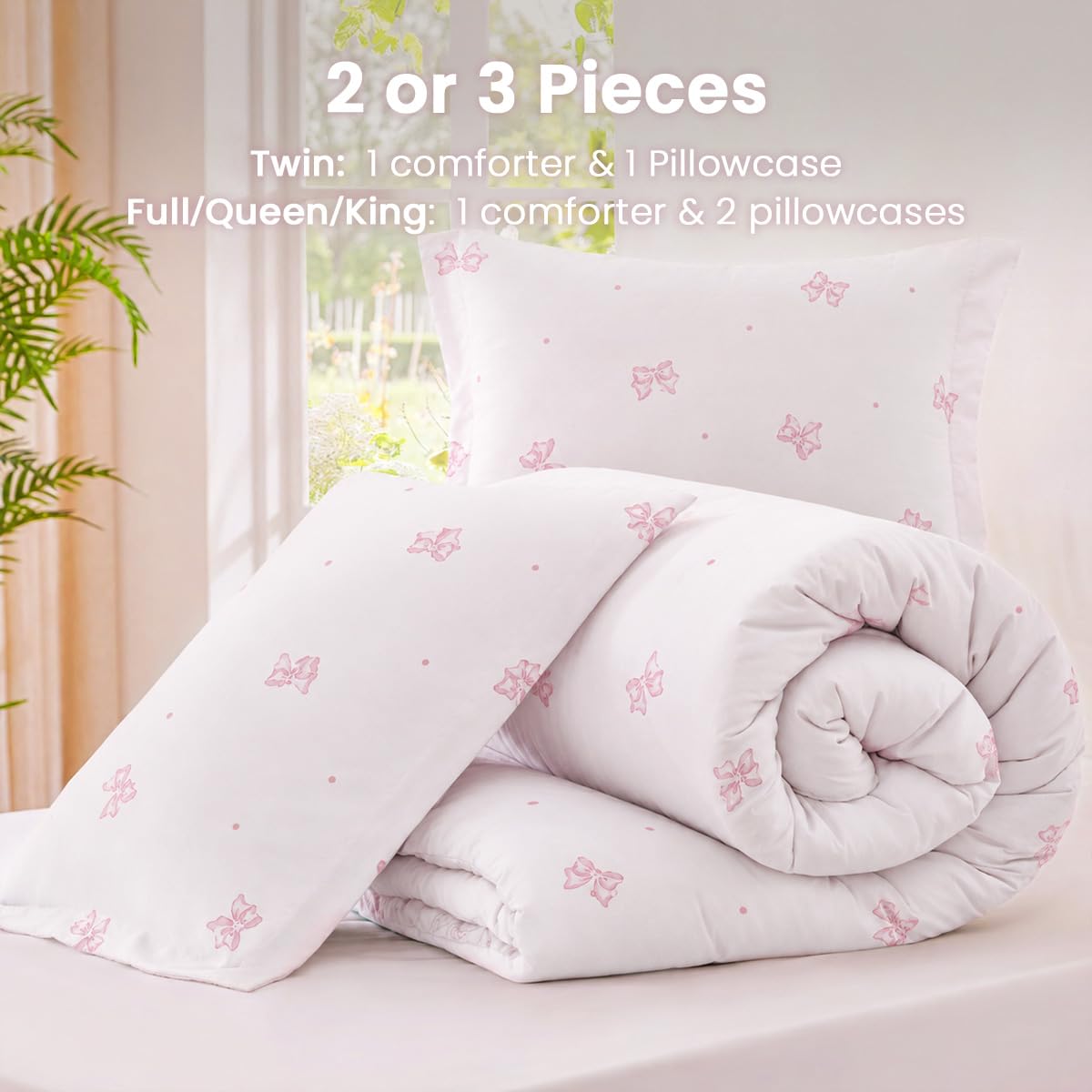 Bildenly White Comforter Set Full Size - Pink Bow Quilt Bedding Set 3 Pieces, Sripes Comforter Set Full, Soft Comforter(79‘’ x 90‘’) for Girl All Season & 2 Pillowcases(30‘’x20‘’)