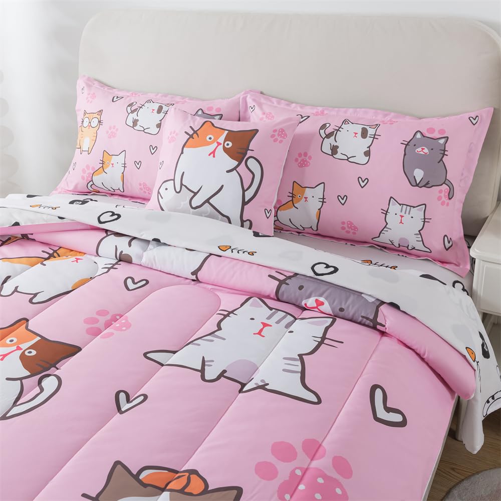 lishjekee 6 Pieces Cute Cat Comforter Twin for Girls Pink Cats Bedding Set Bed in A Bag for Kids Kawaii Pets Kitten Comforter and Sheets Set Cartoon Animal Bed Sets Home Decor