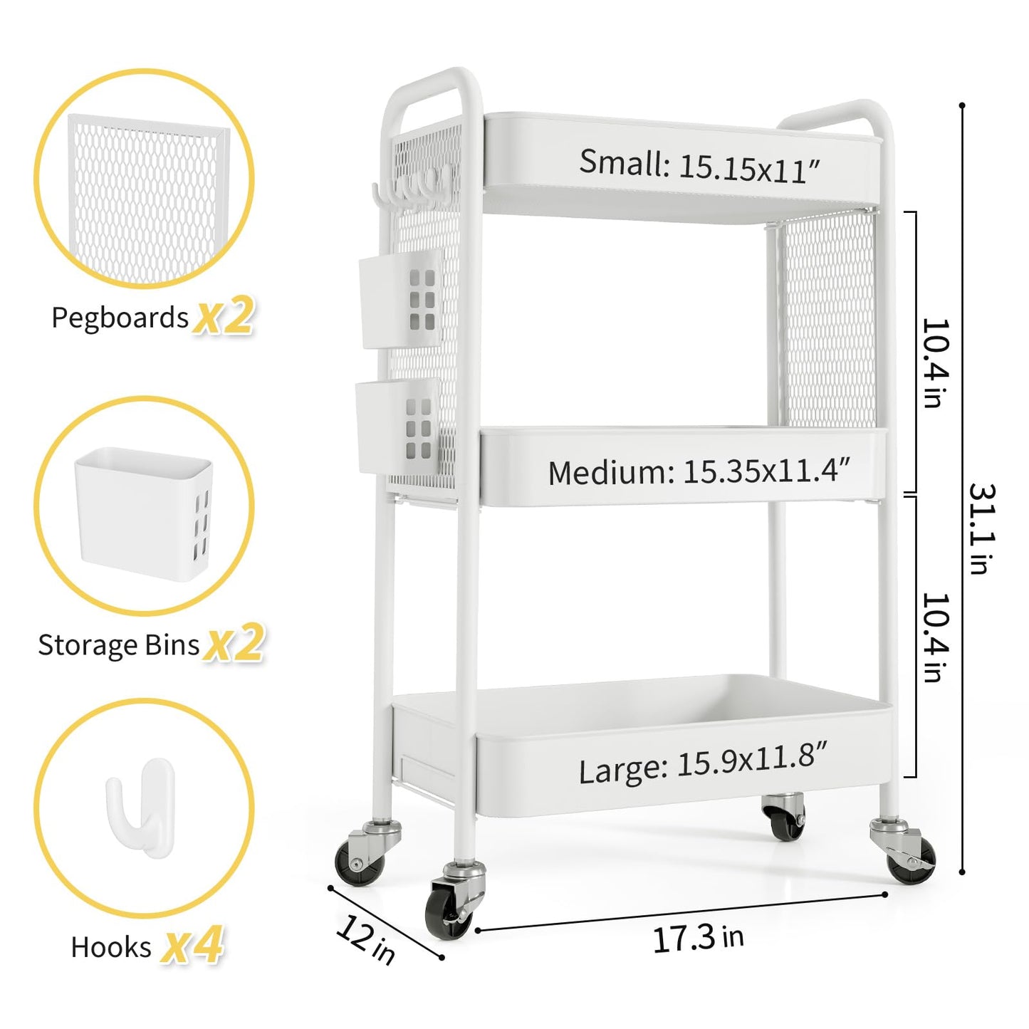 TOOLF 3 Tier Rolling Cart Storage Organizer, Metal Rolling Utility Cart with Wheels, Hooks & Bins Esthetician Craft Art Sturdy Storage with Pegboard for Bathroom, Kitchen, Office, Nursery Diaper