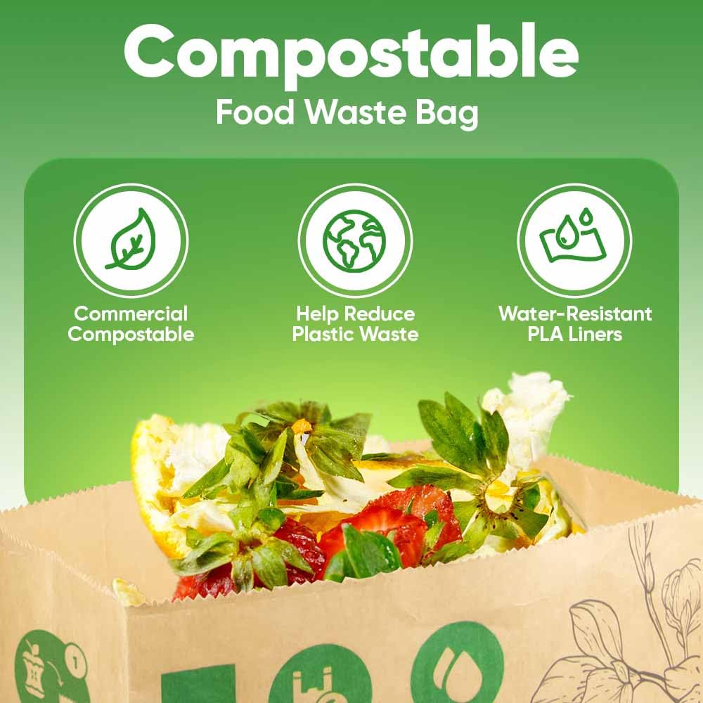 Kitchen Food Waste Bags – 40 bags – 100% Compostable Paper – Leak-resistant liner – Completely Plastic-free & Environmentally Friendly – Certified by BNQ & BPI - 40 Brown Paper Compostable Bags (40)
