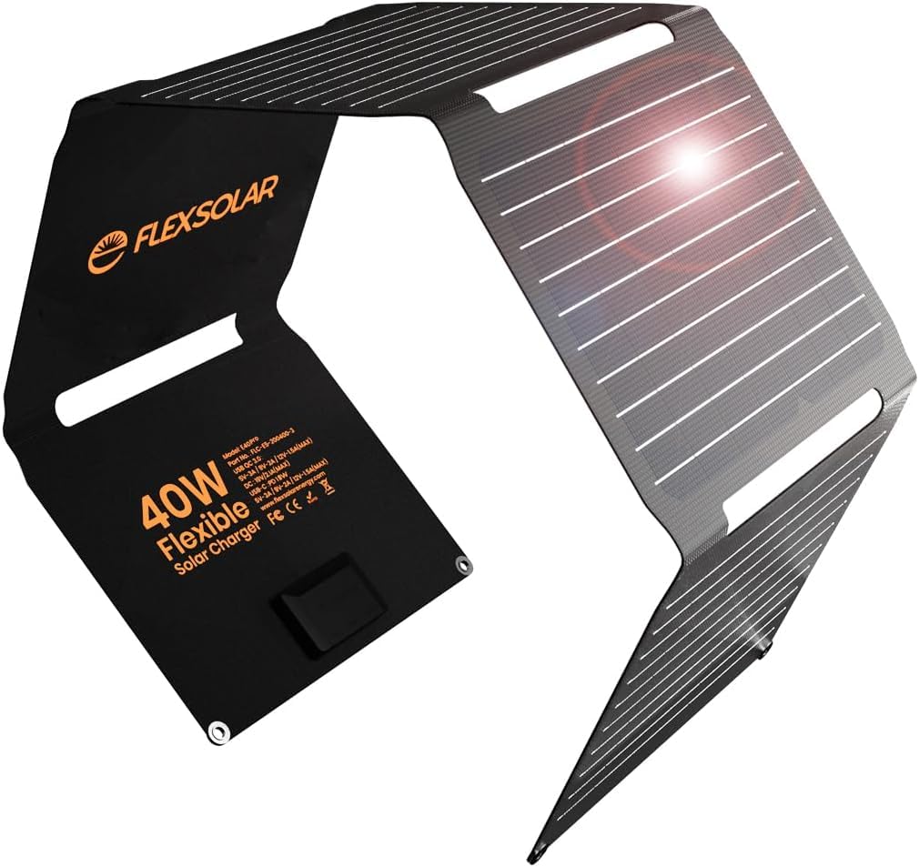FlexSolar 40W Portable Solar Panel for Small Power Station,Camping Solar Panels with USB QC 3.0/USB C/18V DC Outputs for Phones, iPad, Laptop,Solar Panels for Backpacking Outdoor Van RV Trip