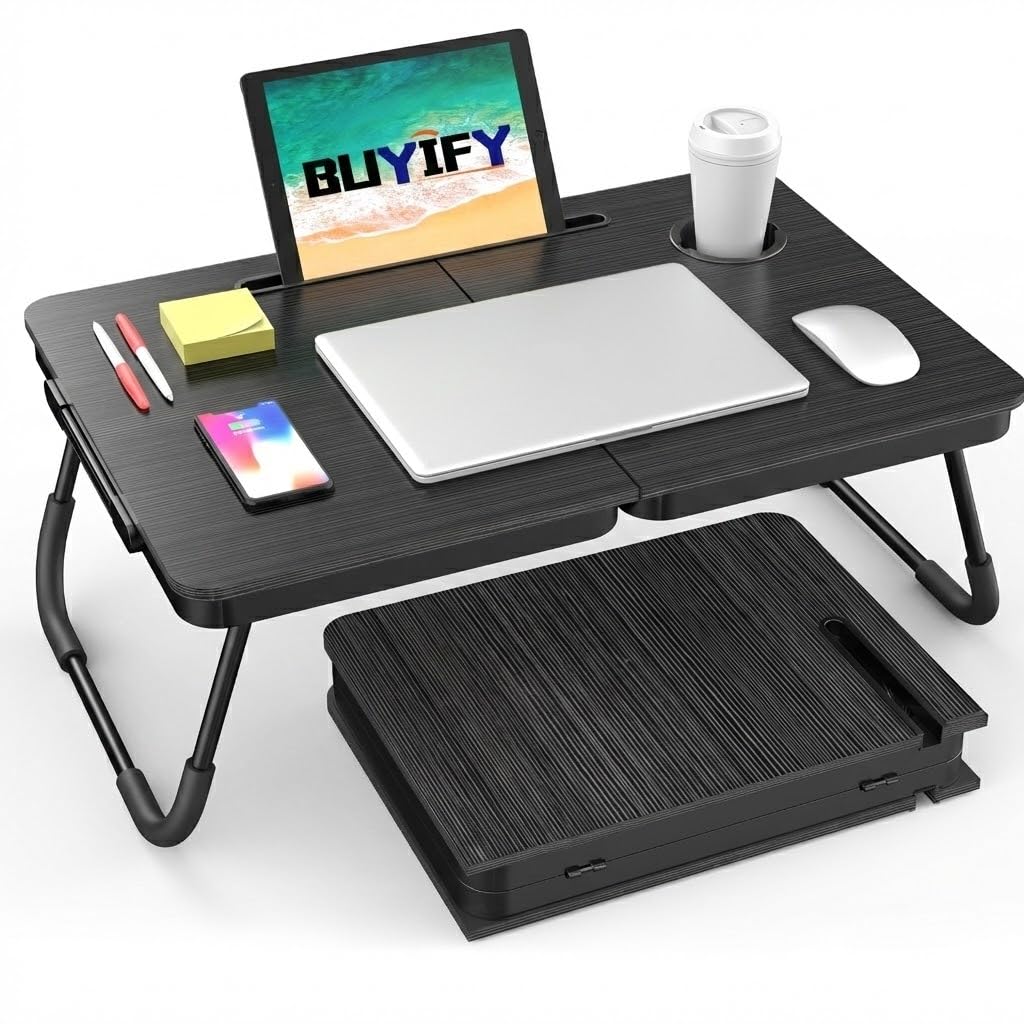 BUYIFY Portable Foldable Laptop Desk for Bed and Couch, Adjustable Lap Desk with Cup Holder and Phone Holder, Ideal for Working, Reading, Writing, and Breakfast (Black)-KKP1