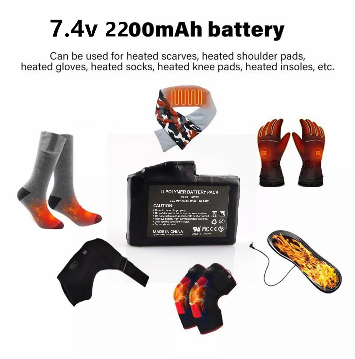 7.4V 2200mAh/3500mAh/5000mAh Li-Polymer Rechargeable Batteries,Rechargeable Battery for Heated Apparel 2200mAh Li-ion, for Glove Battery Replacement, Compatible with Heated Socks