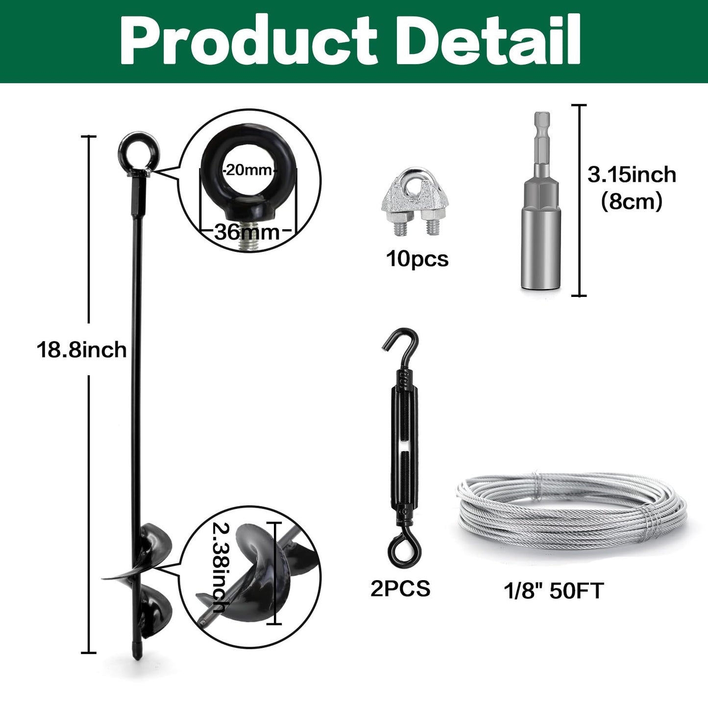 hannger 4 Pack 18" Ground Anchors, Shed Anchor Kit with 1/8" Galvanized Cable & Turnbuckles, High Wind Heavy Duty Earth Anchors for Shed Trampoline Carports Gazebo Tent Camping Swing Set Anchors