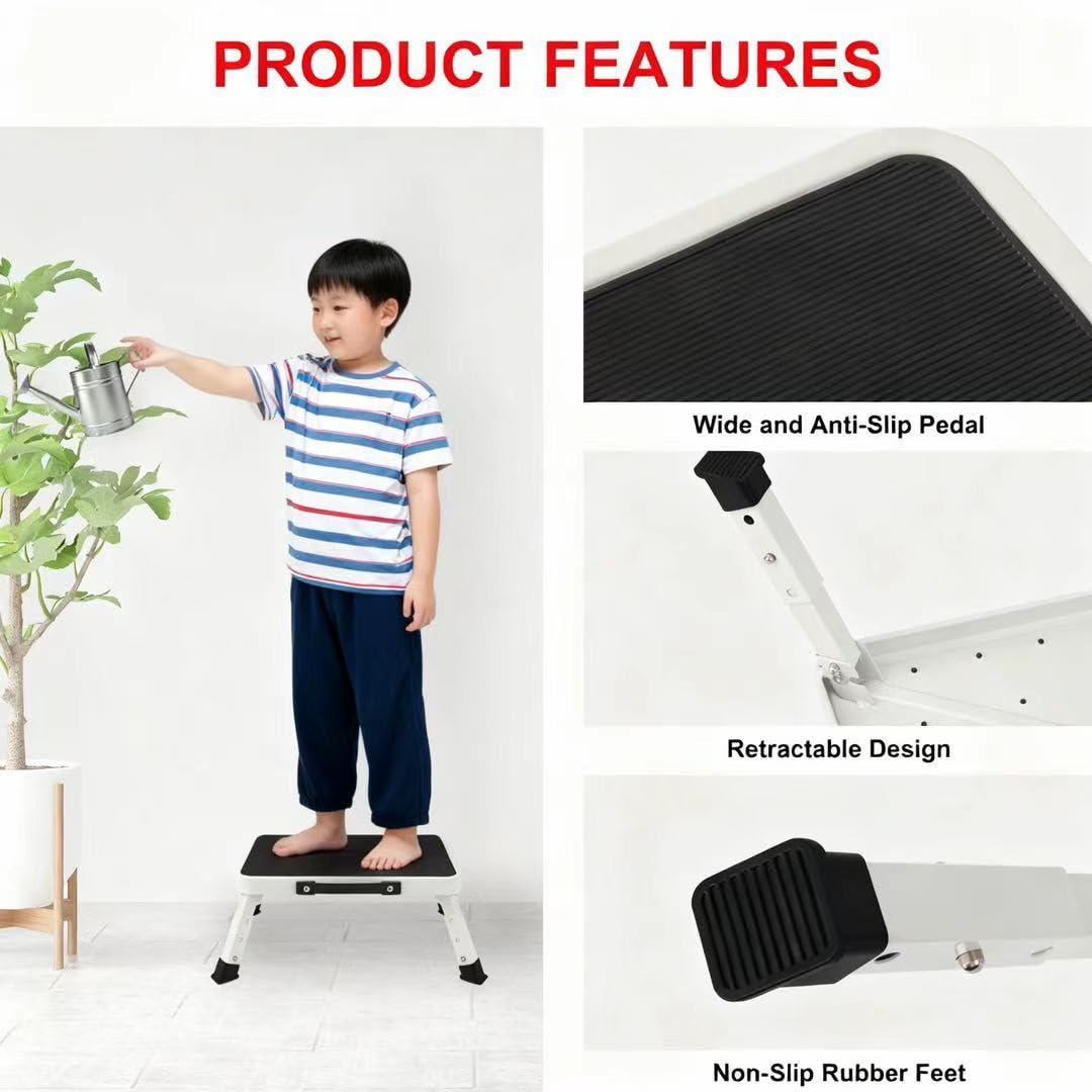 IKKAKOI Folding Step Stool, Height-Adjustable Step Stool with Non-Slip Platform, Step Ladder for Adults or Kids in Kitchen, Home, 500 Lbs Capacity