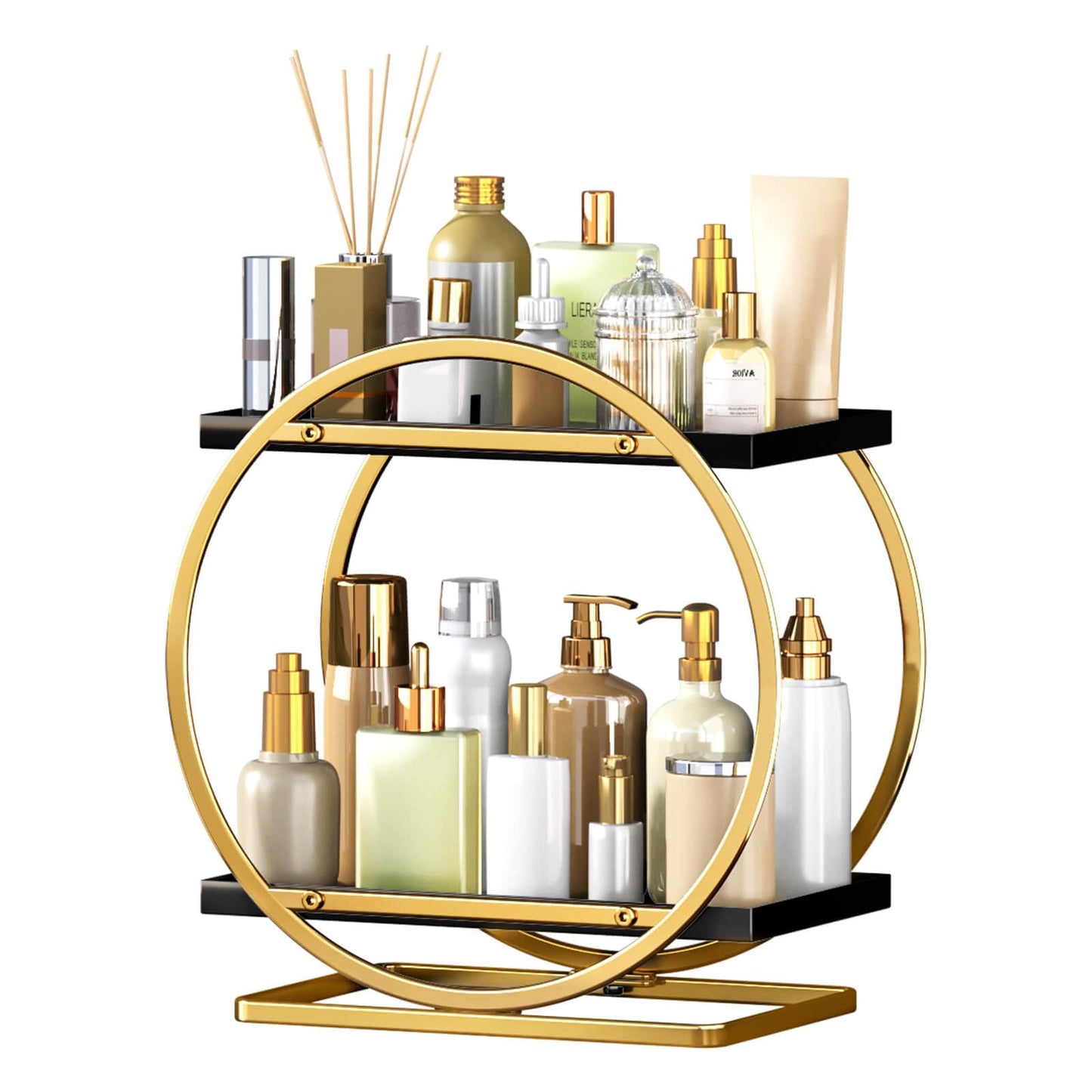 YIWANFW 2-Tier Makeup Organizer - Modern Elegant Black & Gold Countertop Perfume & Cosmetics Display Shelf