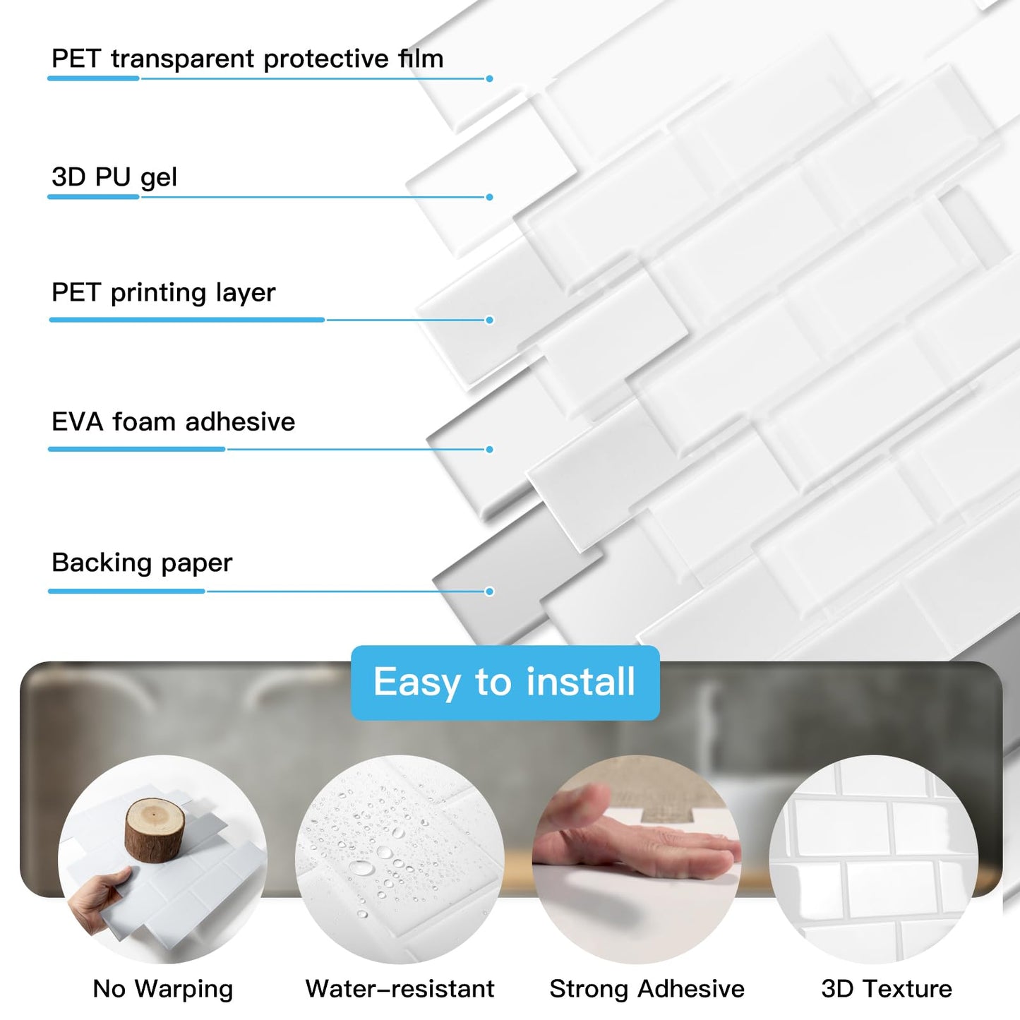 Art3d Peel and Stick Backsplash Tiles – 12"x12" White Washed Thicker Design, Self-Adhesive Wall Tile for Kitchen & Bathroom