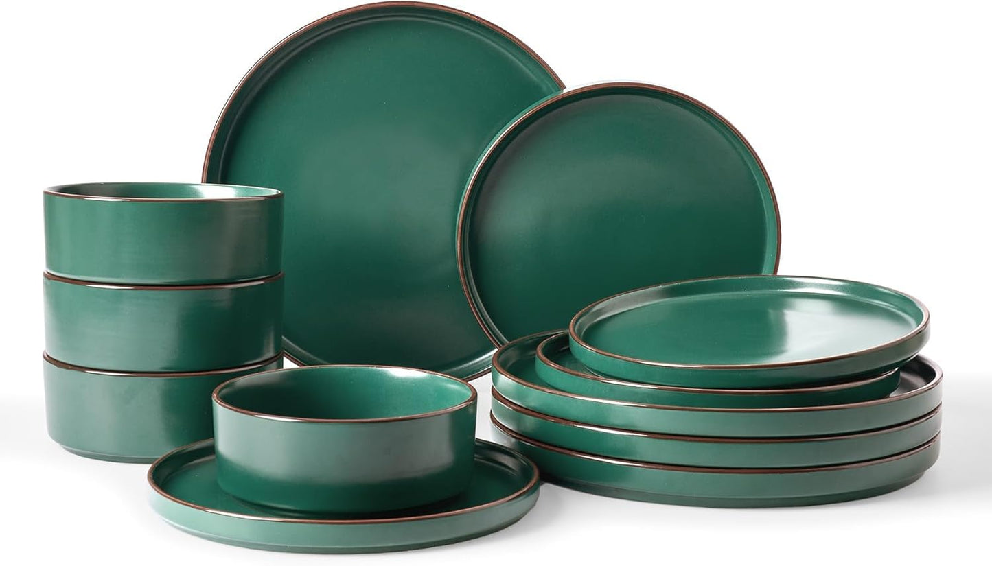 Richmount Nebula Ridge Stoneware Dinnerware Sets, Plates and Bowls Sets for 4, 12 Pieces Dishes Set, Microwave and Dishwasher Safe Kitchen Plates, Dark Green
