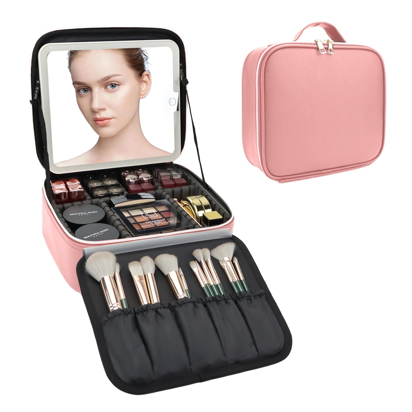 SLUMAZI Makeup Bag with LED Mirror Travel Makeup Organizer with 3 Lighted Settings, Adjustable Dividers and Makeup Brush Storage Bag Pink