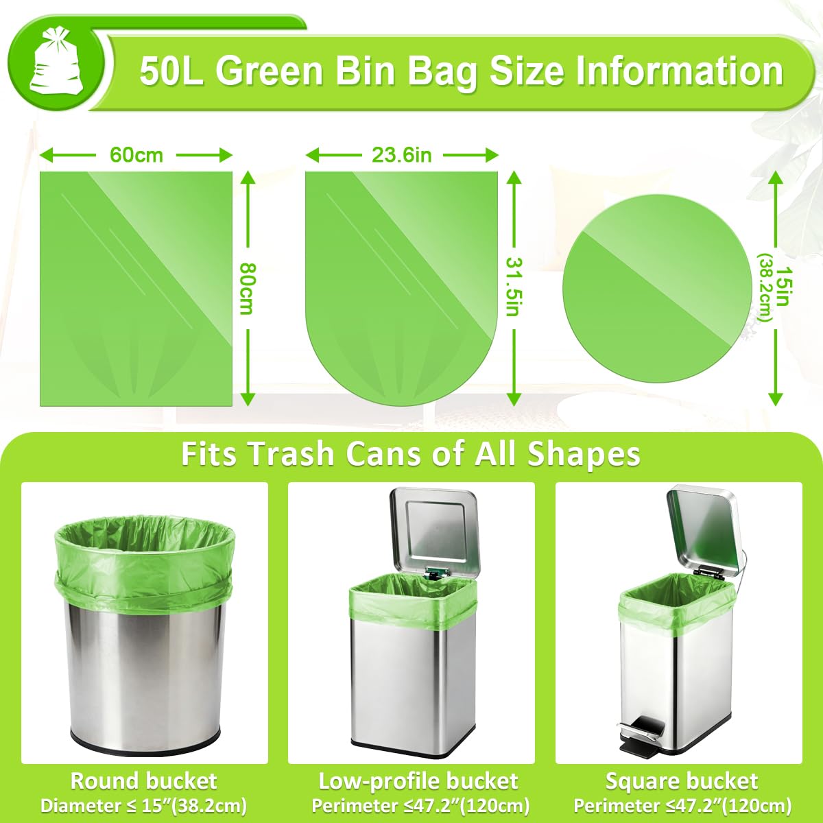 13 Gallon Biodegradable Garbage Bags, 104 Counts Compostable Kitchen Garbage Bags 50L, Tall Compostable Bin Liner for Kitchen, Lawn, Garden