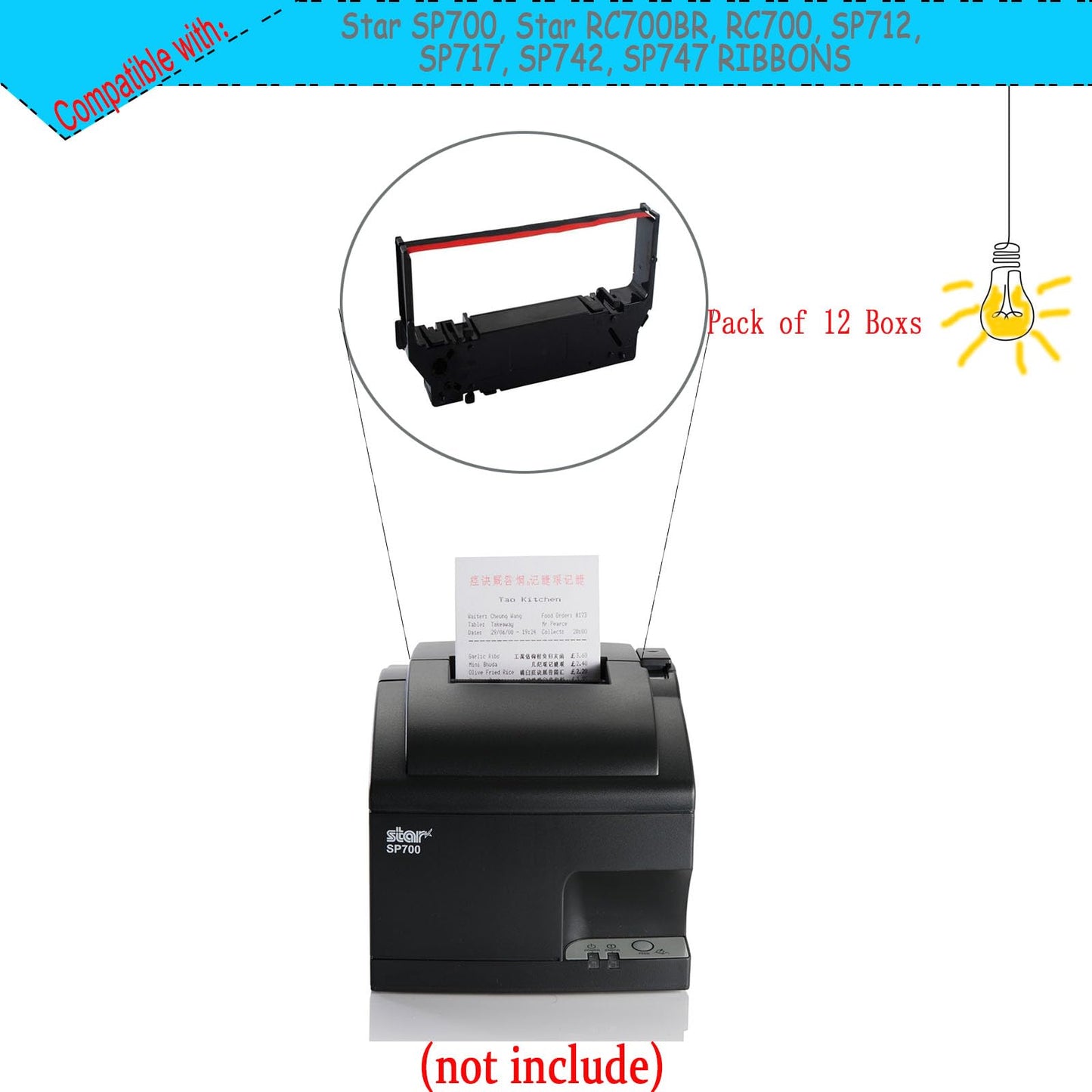 Printer Ribbon Cartridge Compatible with Star SP700, Star RC700BR, RC700, SP712, SP717, SP742, SP747, Black/Red Replacement, Pack of 12