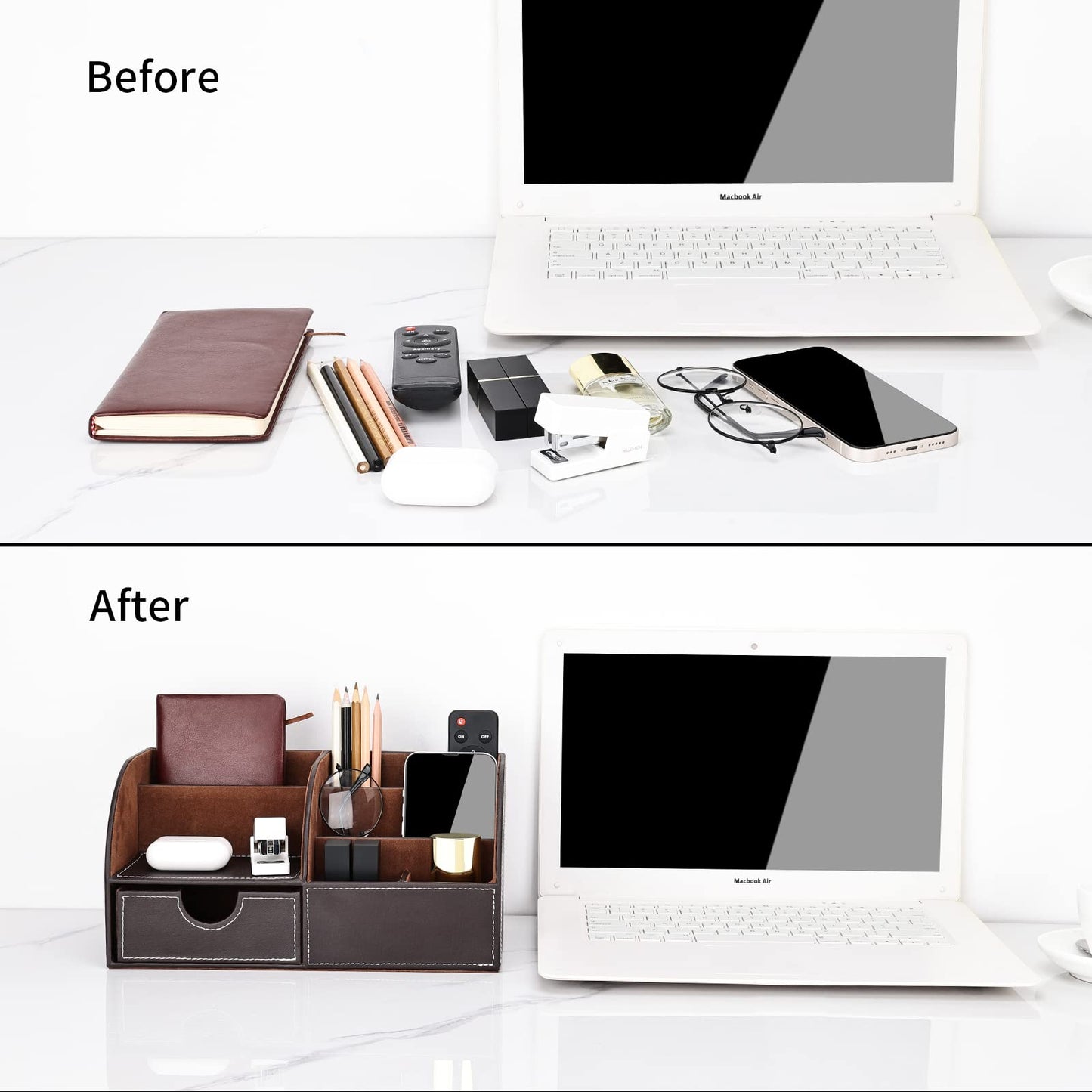 KINGFOM Pu Leather Desk Organizer Pen Pencil Holder Office Supplies Caddy Storage Box 6 Compartments with Drawer Brown (Half Pu)