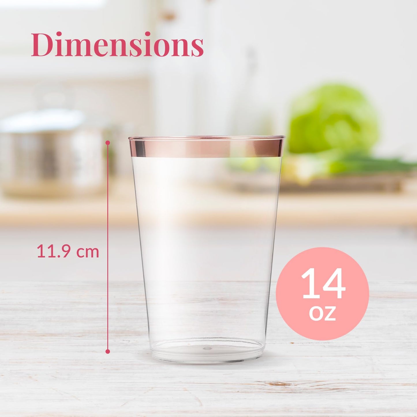 Rose Gold Plastic Cups - 14 oz, 50 Pack - Clear Disposable Party Tumblers with Rose Gold Rim - Elegant Wedding Drinkware - Bulk Plastic Cups