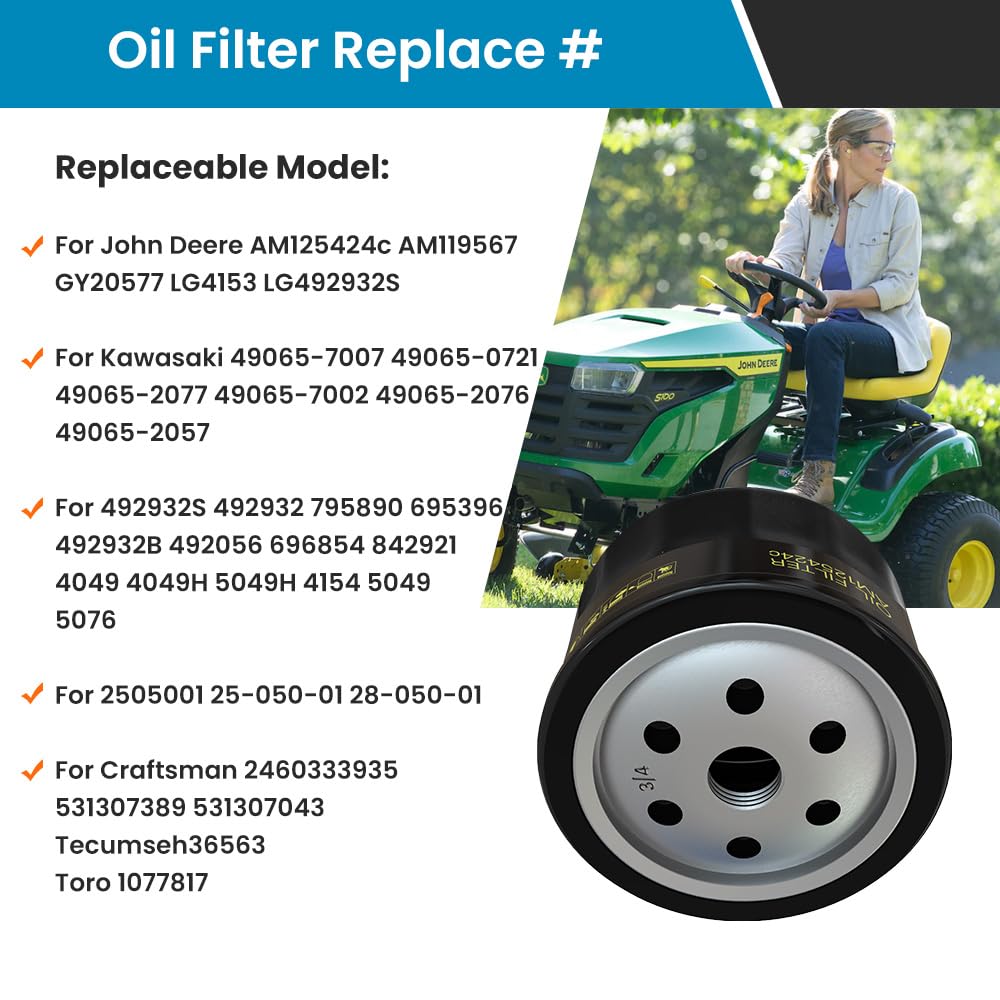 4 Pack AM125424 Oil Filter for John Deer AM125424c GY20577 D140 D130 D110 D105 X350 X320 X300 S140 S110 S100, Replace for Kawasaki 49065-7007 49065-0721