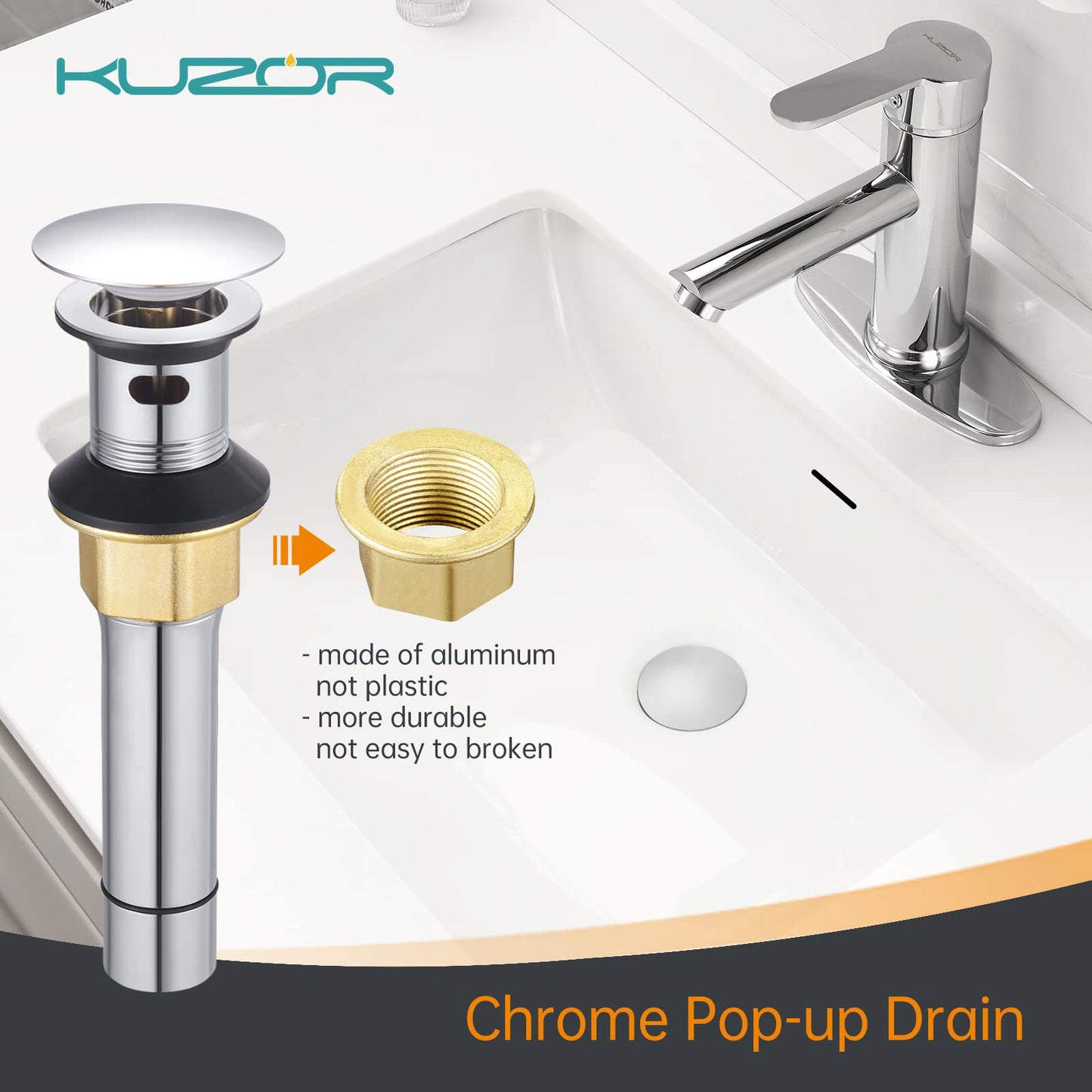 KUZOR 2PCS 304 Stainless Steel Bathroom Sink Drain with Overflow - Easy to Install for Modern Bath/Vanity/Vessel Pop Up Drain- Fits Sink Holes, 1-5/8 to 2 in - Chrome