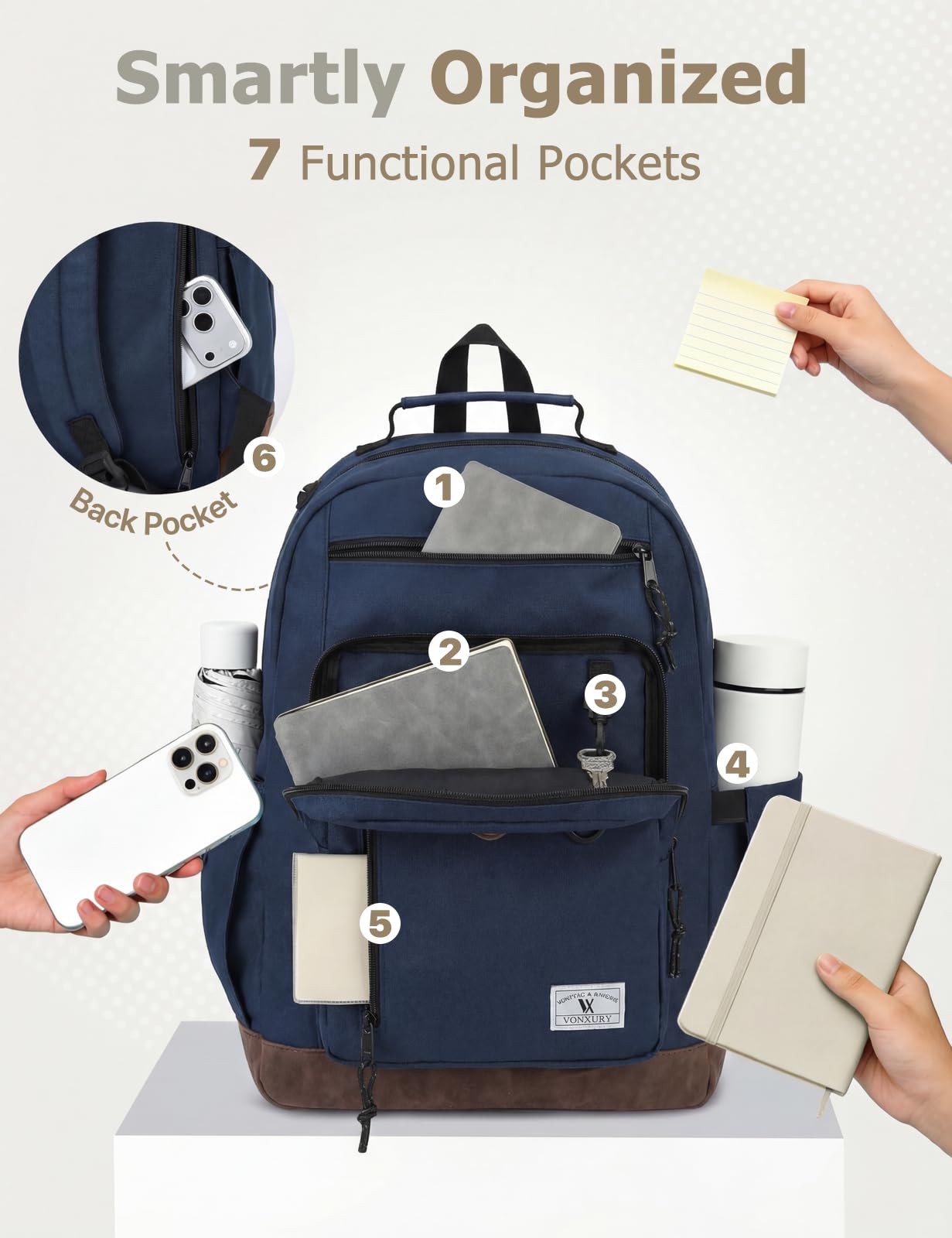 School Backpack for Men Women,VONXURY Classic 17inch Book Bag for Teens College Water-Resistant Lightweight Schoolbag for Work Travel