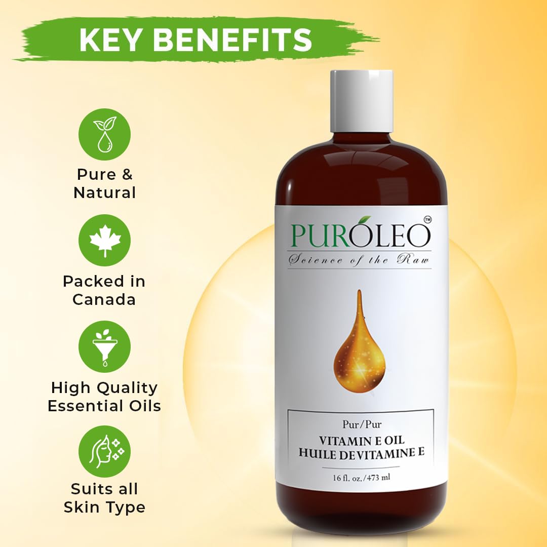 PUROLEO Vitamin E Oil 16 FL Oz/473 ML (Packed in Canada) Pure Vitamin E Oil for Skin, Hair, and Face. A versatile oil suitable for various personal care and cosmetic applications.