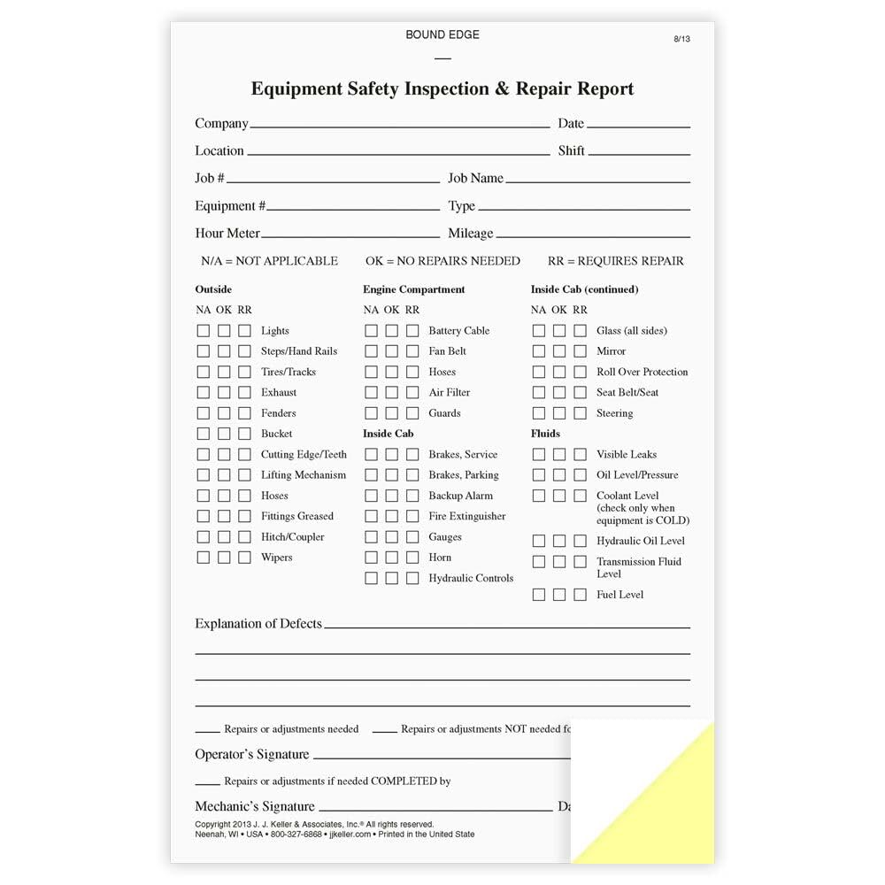 Equipment Safety Inspection Report 10-pk. - Book Format, 2-Part NCR, 5.5" x 8.5", 31 Sets of Forms Per Book - Detailed Report Helps Maintain Safe Workplace Utility Vehicles - J. J. Keller