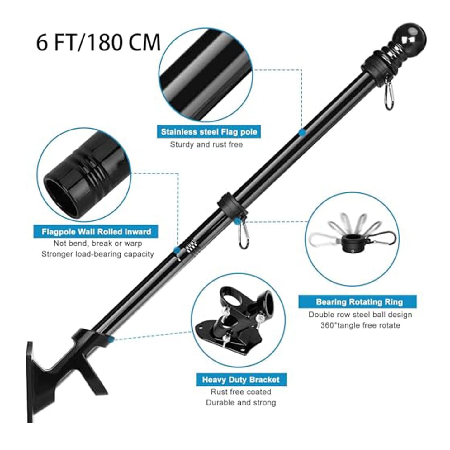 Patriot Premium 6ft Canadian Flag Pole Kit, Stainless Steel, 360° Tangle-Free Design with Mounting Bracket, Garden and Patio Display Set