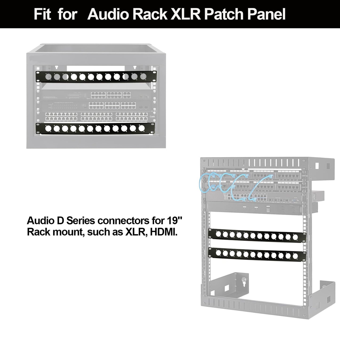 XLR HDMI Audio Rack Mount Panel, Hinged D-Series Punched Metal HDMI Rack Mount Connectors for 19" Enclosure Server Computer Equipment Studio (16 Port, 1U, 12 Port)