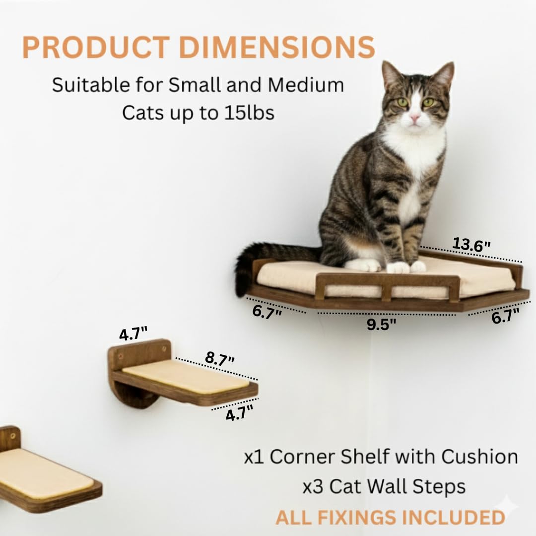 INICIO Cat Wall Shelves - Modern and Durable 3 Step Cat Furniture for Wall - Stylish Birch Floating Shelf for Cats up to 15lbs - Wooden Corner Shelves with Cushioned Perch - Brown