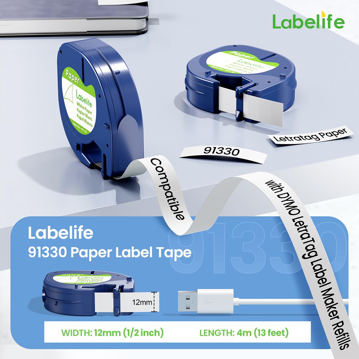 Compatible with Dymo Label Maker Refills LetraTag White Paper 91330 10697 Label Tape for Dymo Letra Tag LT-100H LT-100T Plus 200b QX50 2000 (10-Pack 12mm x 4m 1/2'' x 13')