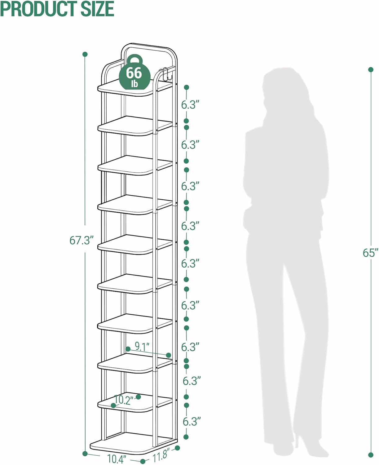 Hzuaneri 10 Tiers Vertical Shoe Rack, Narrow Shoe Tower, Tall Shoes Shelf with 2 Hooks, Adjustable Shelves, Corner Shoes Shelves for Small Spaces, Entryway, Living Room, Rustic Brown SR11201B