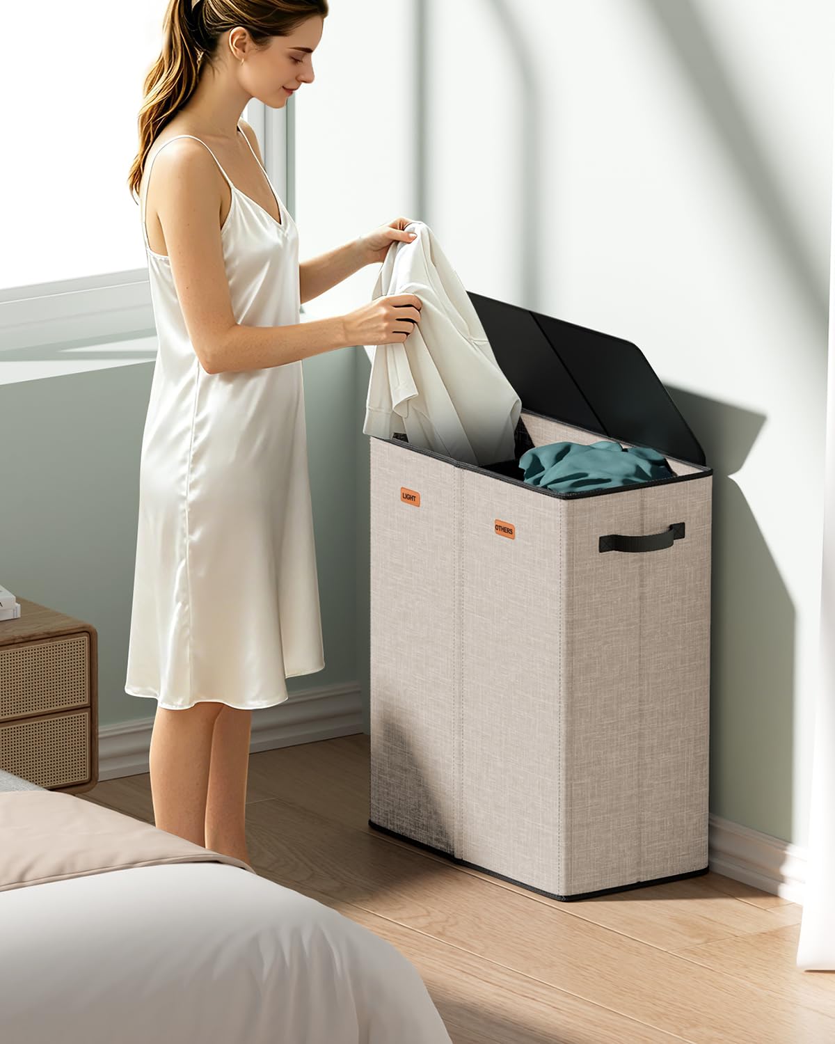 MECINFUL 150L 2-Section Laundry Hamper with Lid – Removable Bag, Double Compartment Clothes Hamper for Bathroom, Bedroom, Dorm & Laundry Room