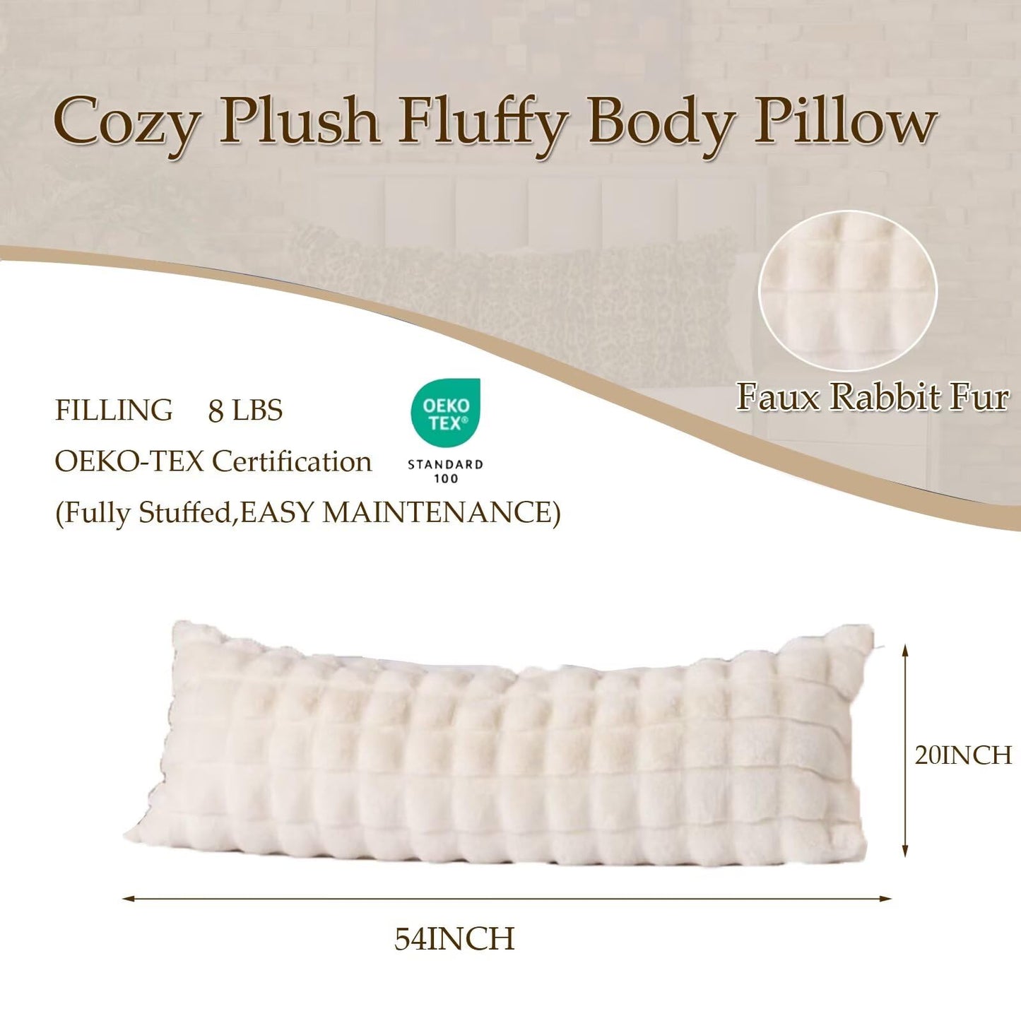 Shaggy Faux Fur Body Pillow,Fluffy Bed Pillow with Zipper Closure,Soft Decorative Plush Full Long Pillows,Fuzzy Hug Pillow for Living Room Side Sleeper & Pregnancy 20"x54" (Beige Chocolate)