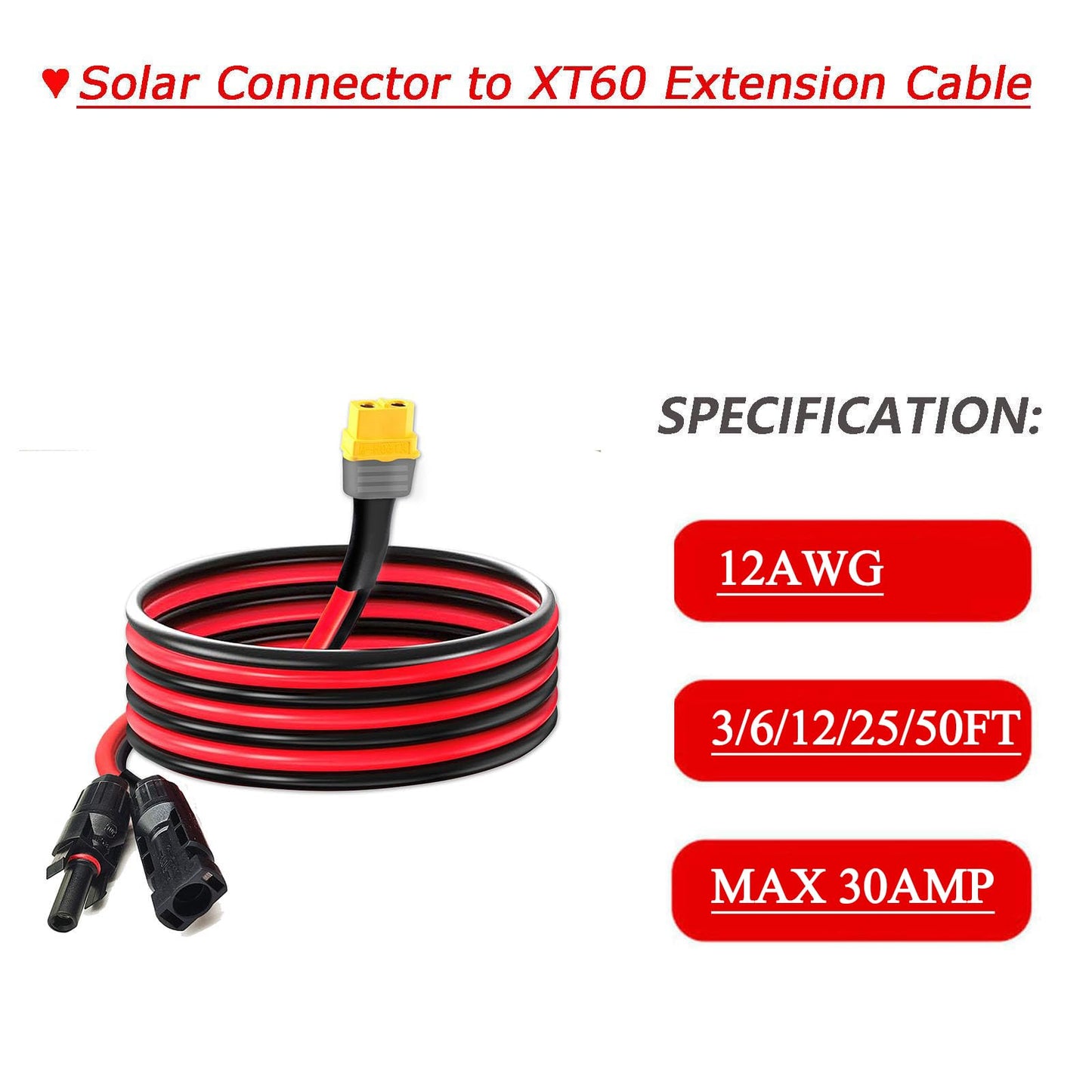 12AWG 12FT Solar to XT60 Cable,Magiktech SolarPanel Charge Cable with XT60 Female Adapter for Power Stations Solar Generators