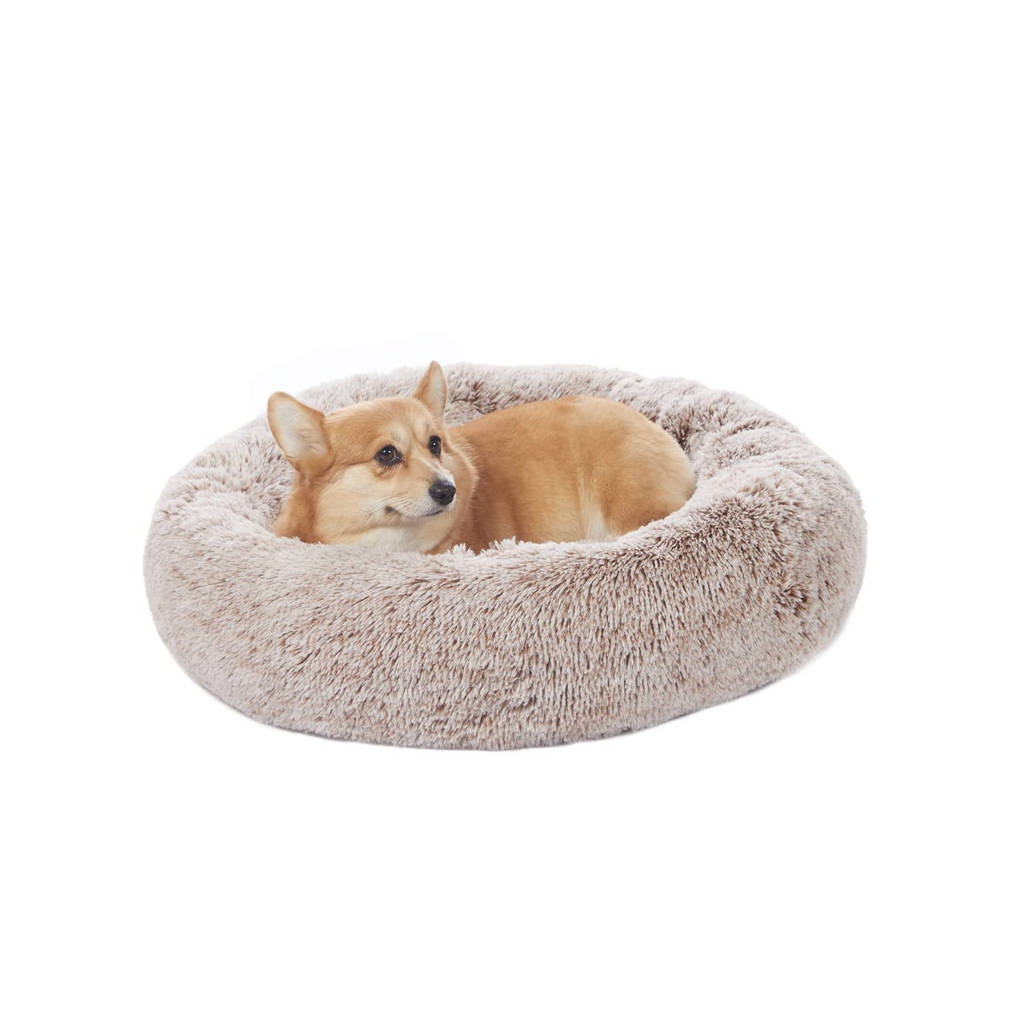 Bedfolks Calming Donut Dog Bed, 30 Inches Round Fluffy Dog Beds for Midium Dogs, Anti-Anxiety Plush Dog Bed, Washable Pet Bed with Non-Slip Bottom (Brown, Medium)
