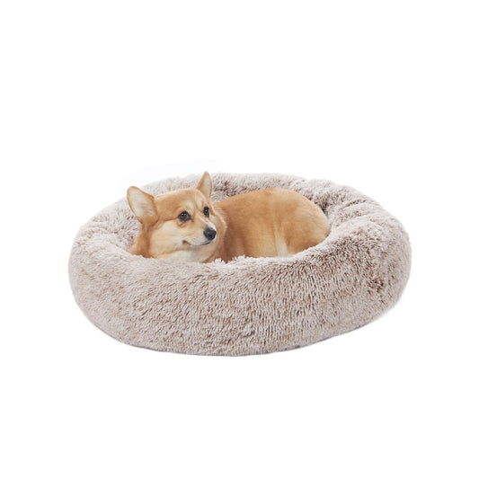 Bedfolks Calming Donut Dog Bed, 30 Inches Round Fluffy Dog Beds for Midium Dogs, Anti-Anxiety Plush Dog Bed, Washable Pet Bed with Non-Slip Bottom (Brown, Medium)